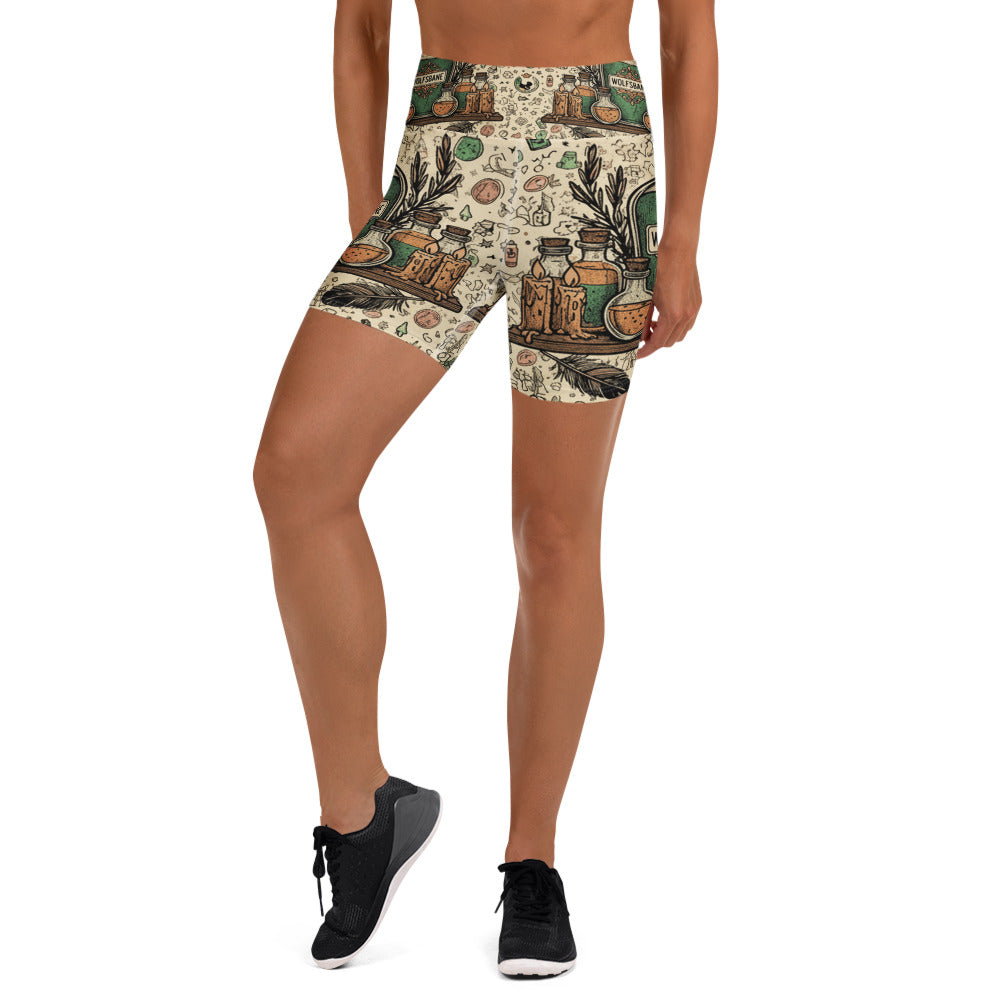 Vintage-inspired Witches Apothecary Bottles print on GearBunch Yoga Shorts, featuring potion bottles in amber, green, and black.