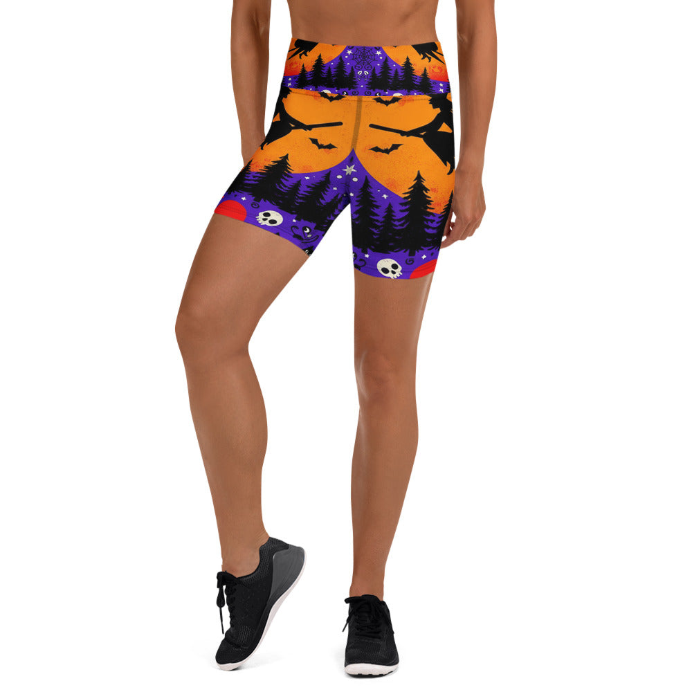 Witching Hour Cauldron Yoga Shorts featuring a vibrant, mystical design | Premium GearBunch Yoga Shorts