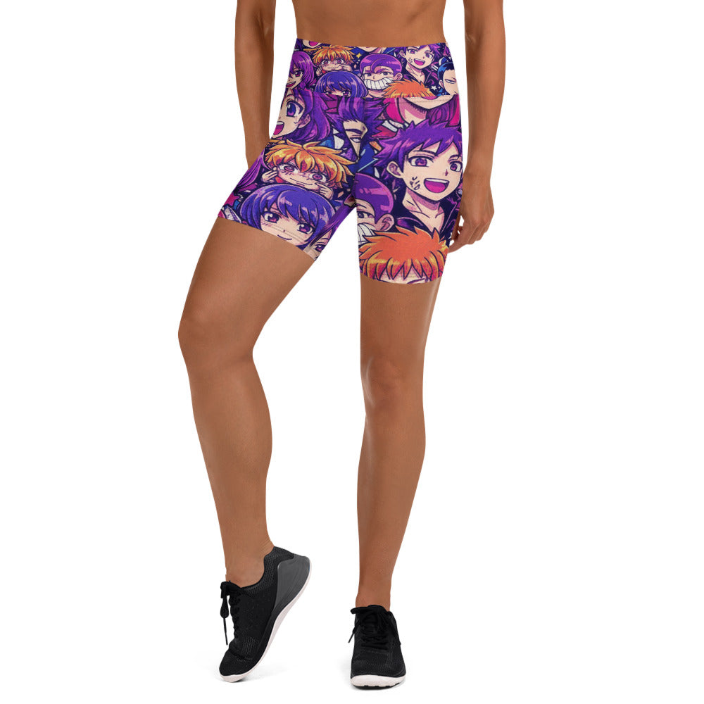 Anime Collage Galaxy Hero Yoga Shorts: vibrant all-over print GearBunch Yoga Shorts with anime-inspired cosmic design.