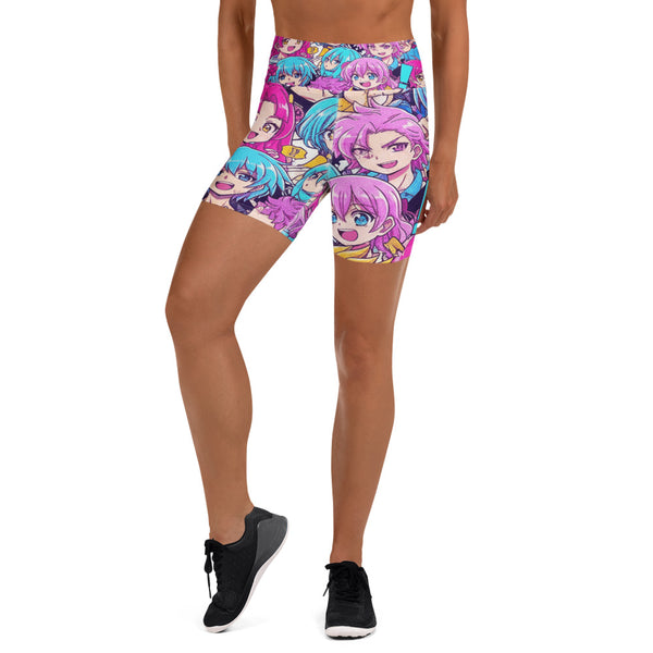 Vibrant anime manga collage print on GearBunch Yoga Shorts featuring magical girl elements and bold colours.