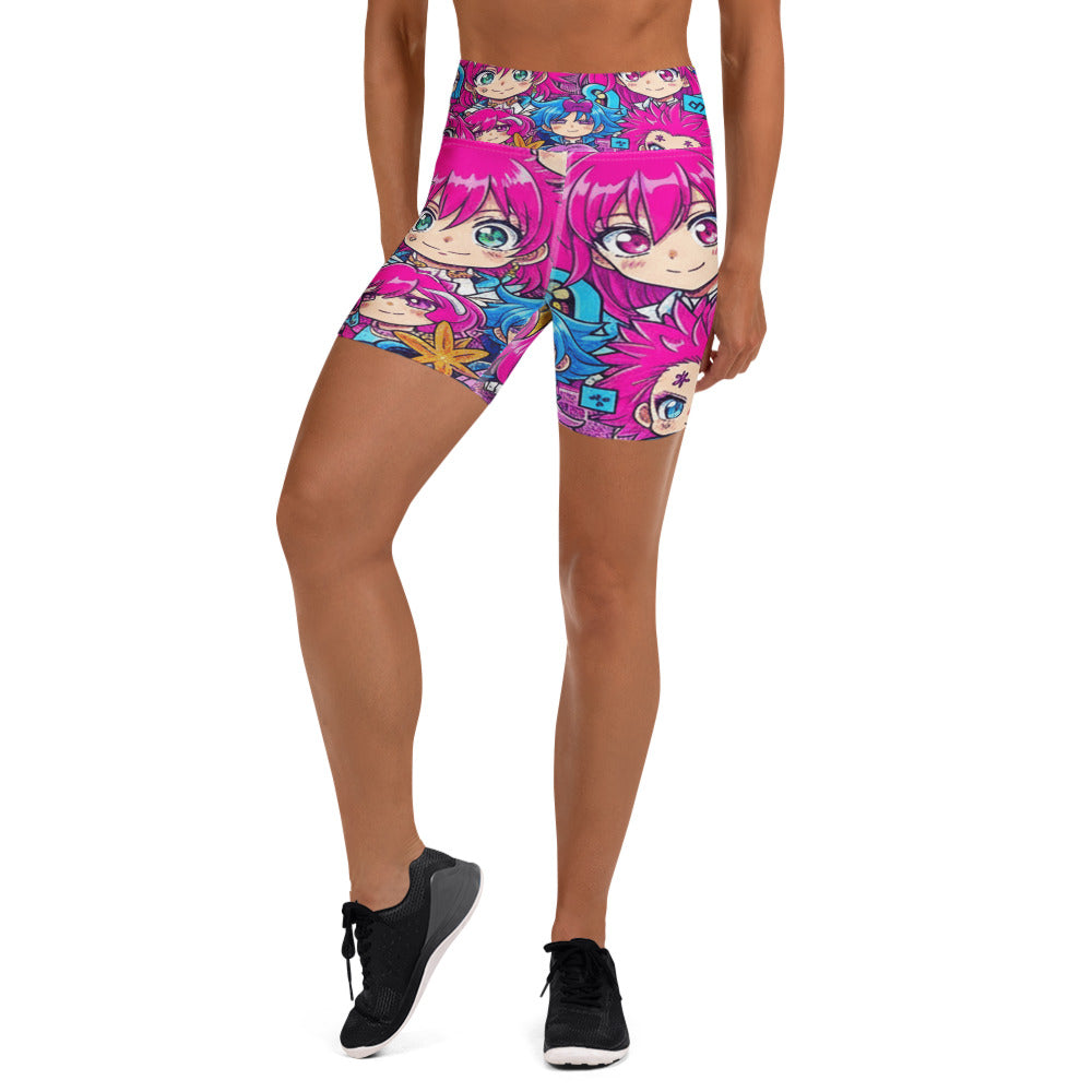 Vibrant anime manga collage print on GearBunch Yoga Shorts, featuring pop idol character designs in pink, purple and gold.