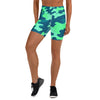 GearBunch Ocean Teal Camo Yoga Shorts for women, featuring a cool camouflage pattern in shades of teal and blue-green.