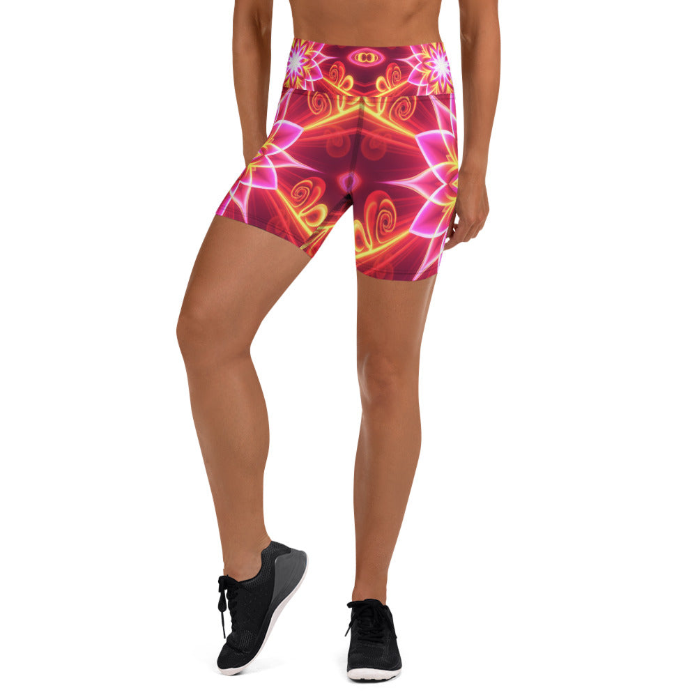 Psychedelic Plasma Core Yoga Shorts featuring a neon fractal radial burst design, GearBunch Yoga Shorts.