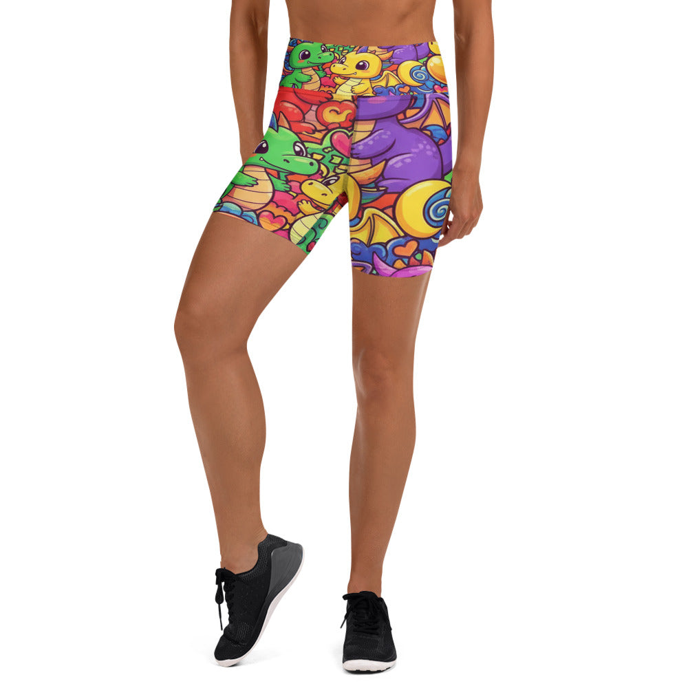 Close-up of the vibrant all-over print featuring cartoon dragons on GearBunch Yoga Shorts.