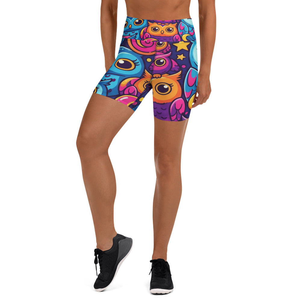 Vibrant Owl Night Yoga Shorts featuring colourful owls, perfect for yoga and workouts | GearBunch Yoga Shorts