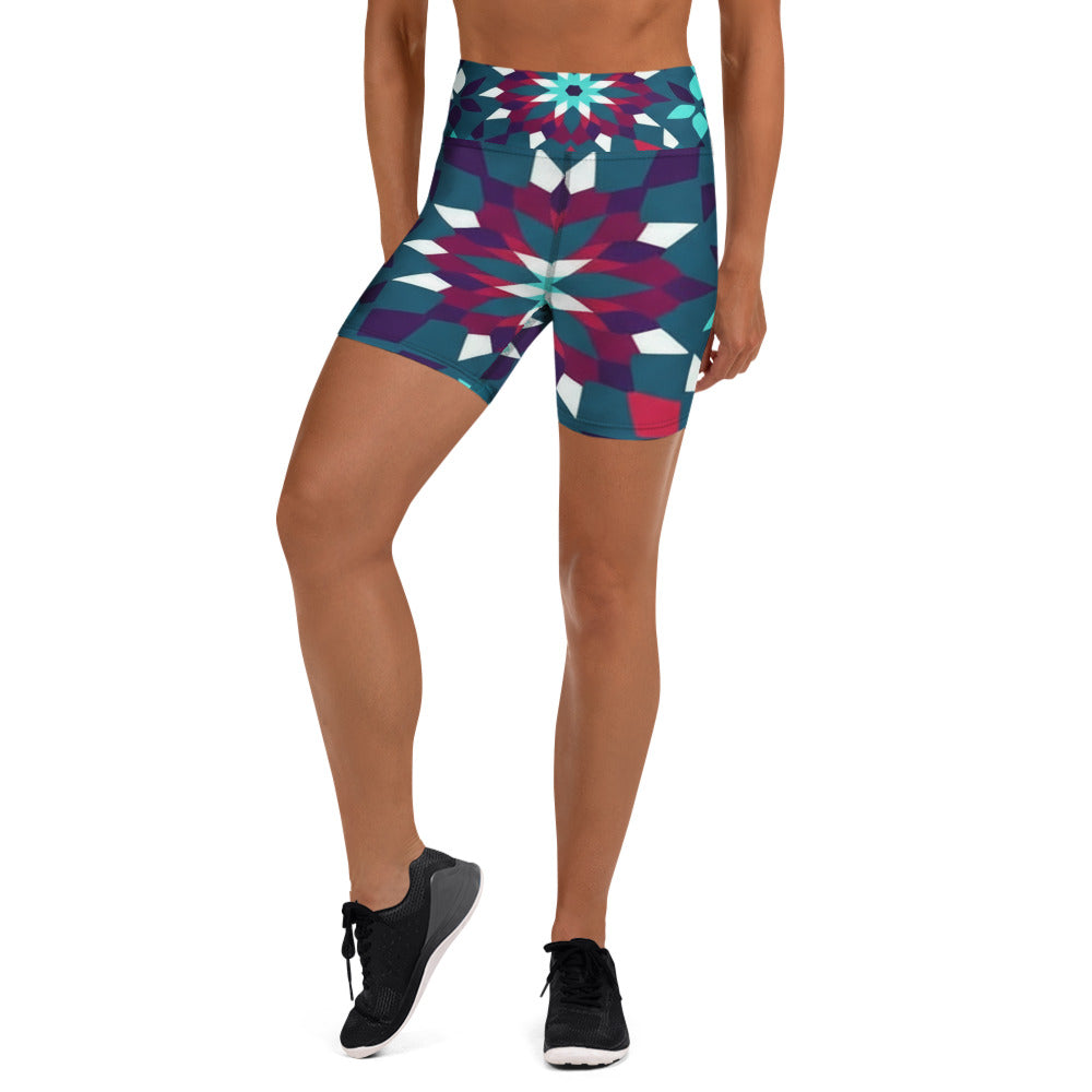 Close-up of the vibrant Zellige Crimson Teal print on GearBunch Yoga Shorts, showcasing the intricate geometric pattern.