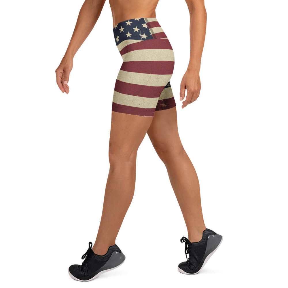 Vintage Distressed American Flag Yoga Shorts | GearBunch