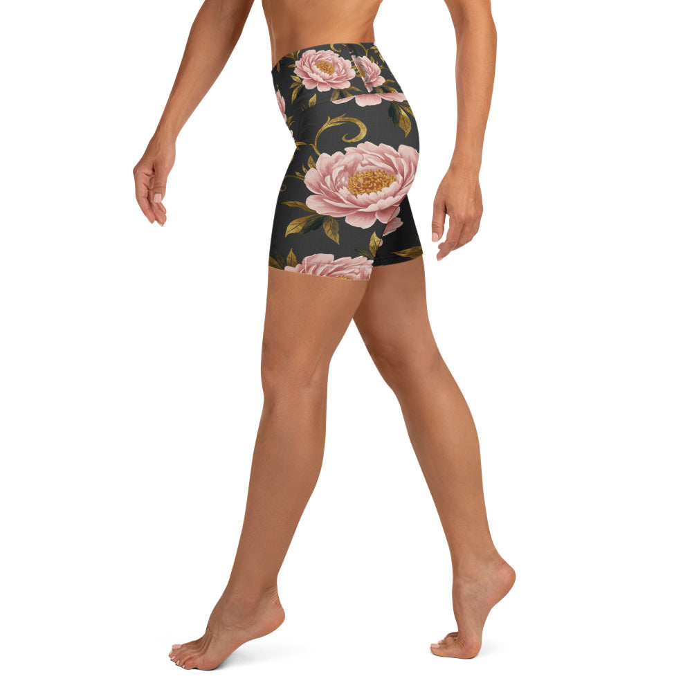 Blush Peonies and Gold Yoga Shorts | GearBunch