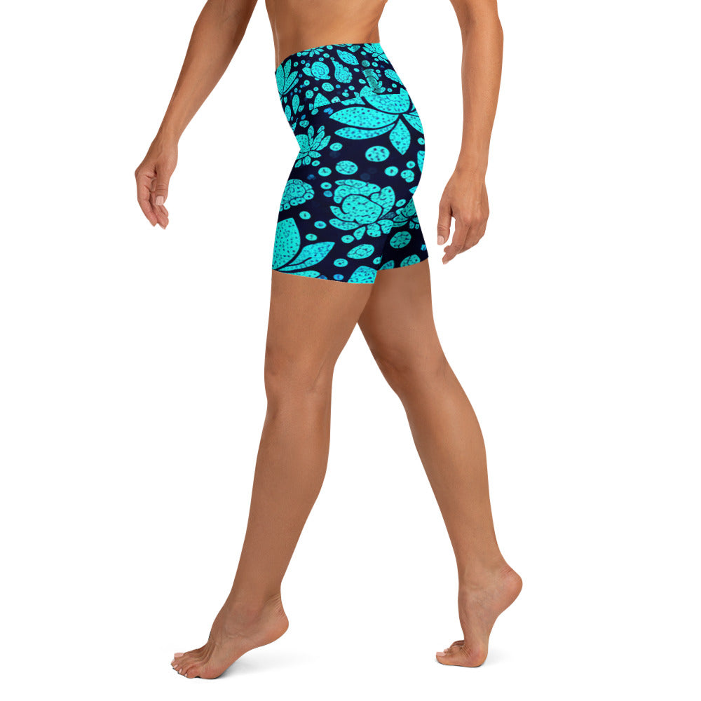 Teal Paillette Lotus Yoga Shorts | GearBunch