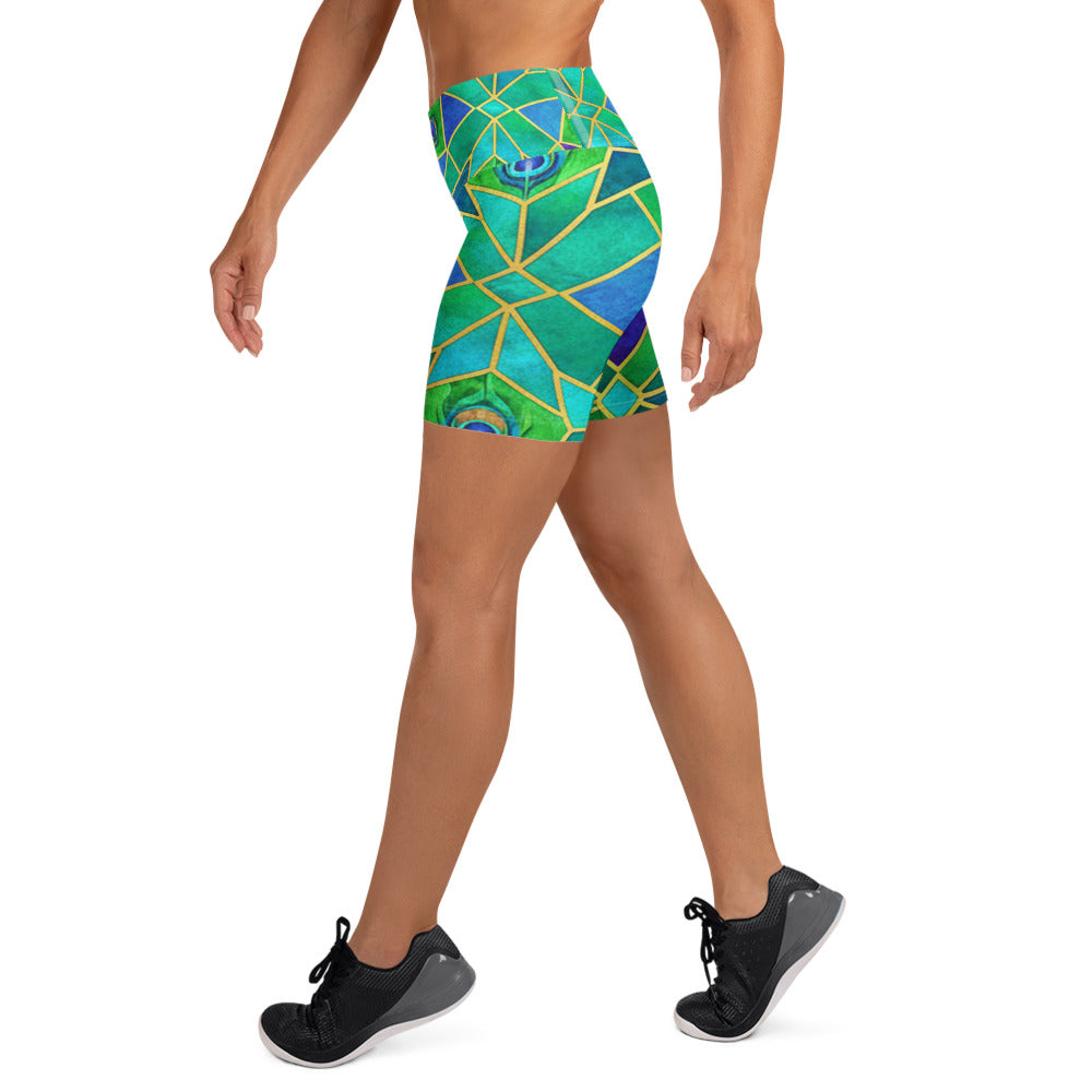 Arabic Watercolour Peacock Plume Yoga Shorts | GearBunch