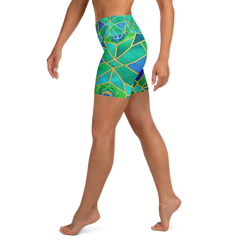 Arabic Watercolour Peacock Plume Yoga Shorts | GearBunch