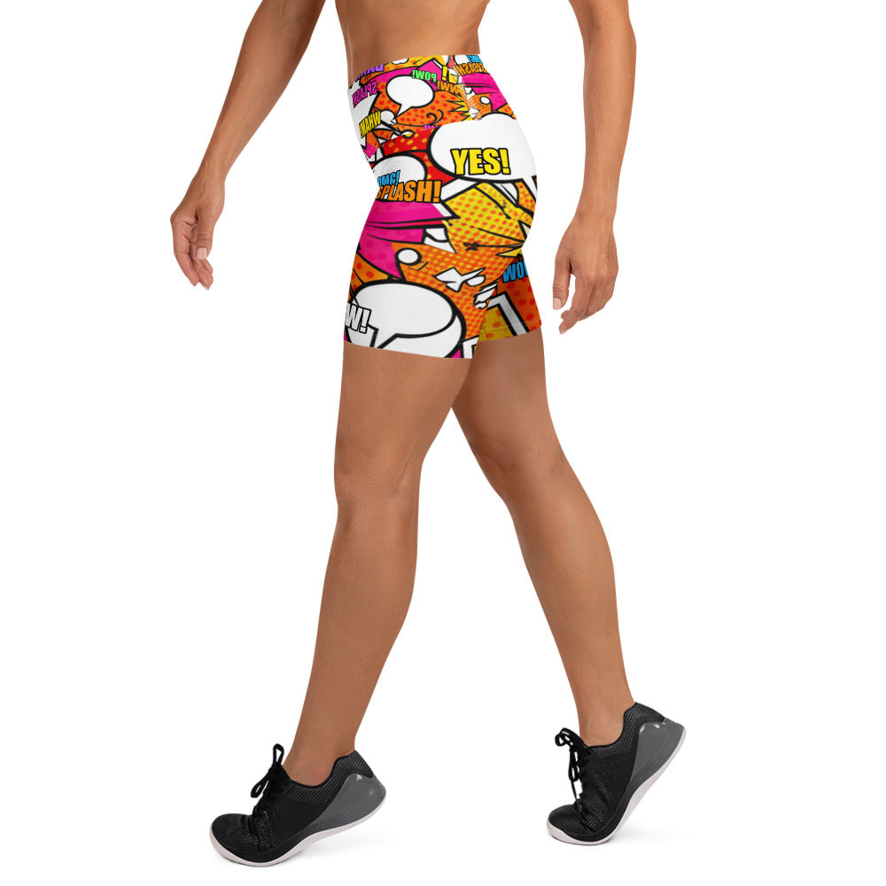 Comic Pop Sunset Orange Yoga Shorts | GearBunch