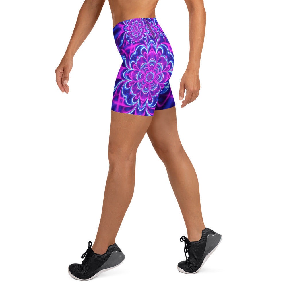 Psychedelic Ultraviolet Bloom Yoga Shorts | GearBunch