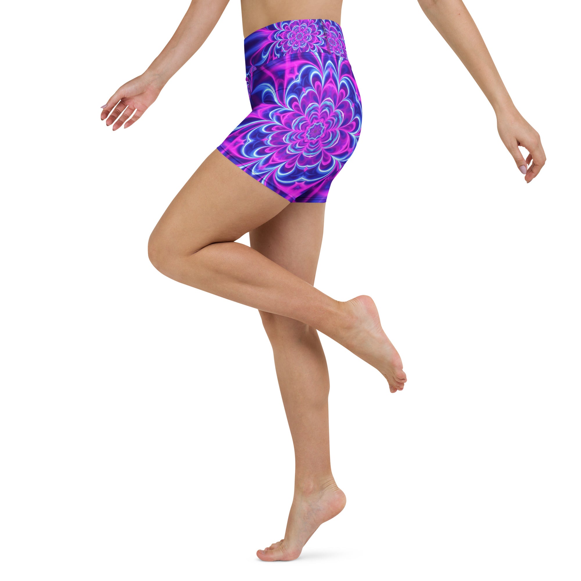 Psychedelic Ultraviolet Bloom Yoga Shorts | GearBunch