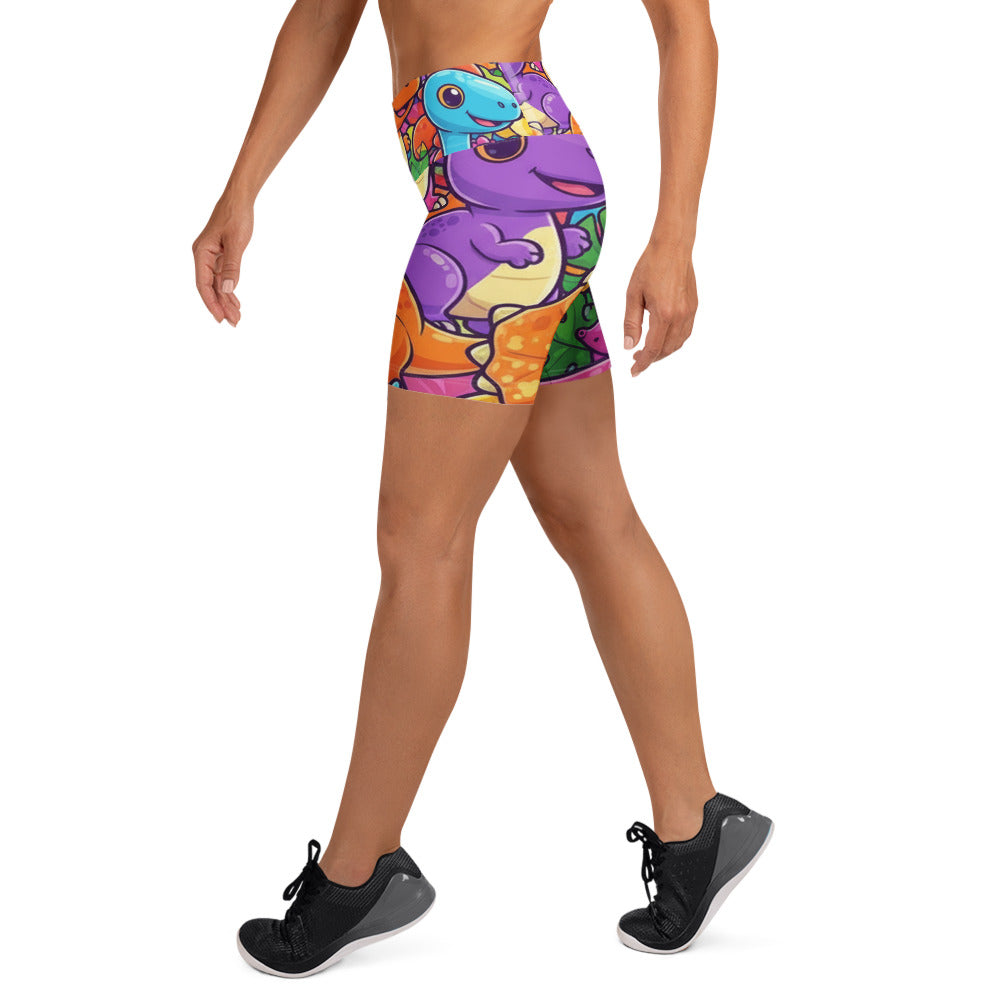 Vibrant Dinosaur Stomp Yoga Shorts | GearBunch