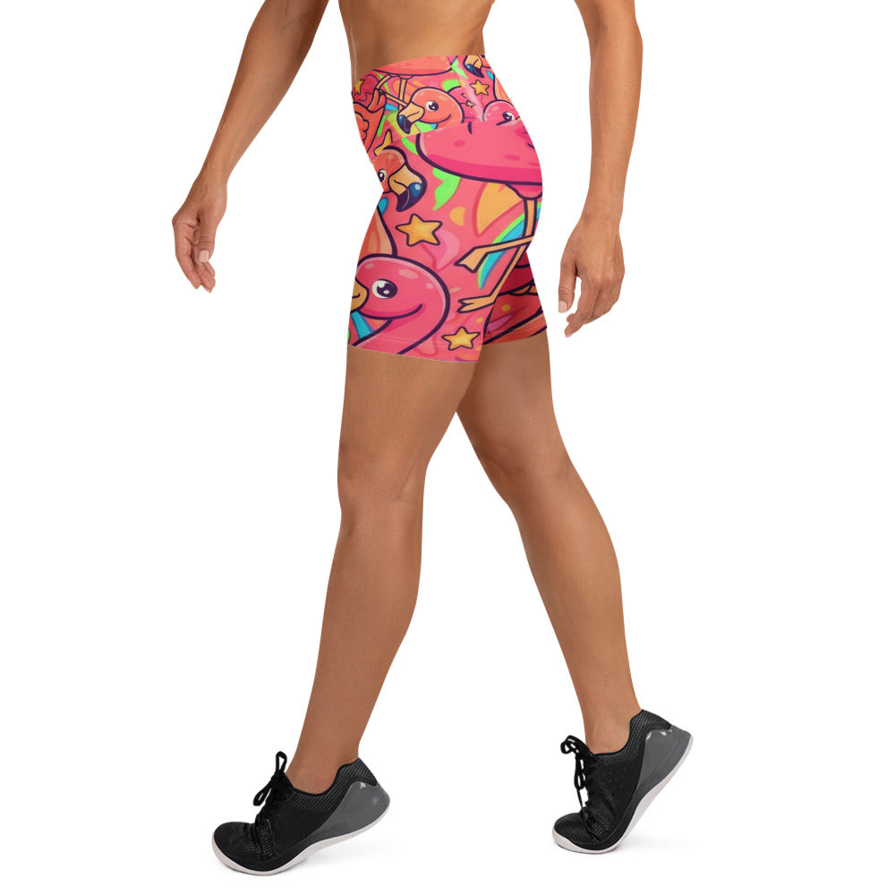 Vibrant Flamingo Flock Yoga Shorts | GearBunch