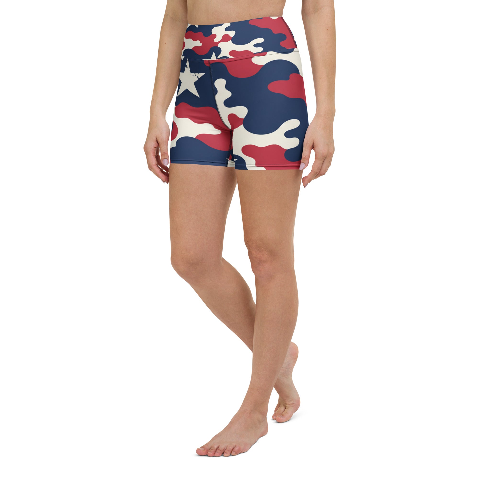 Red White Blue Camo Stars Yoga Shorts | GearBunch