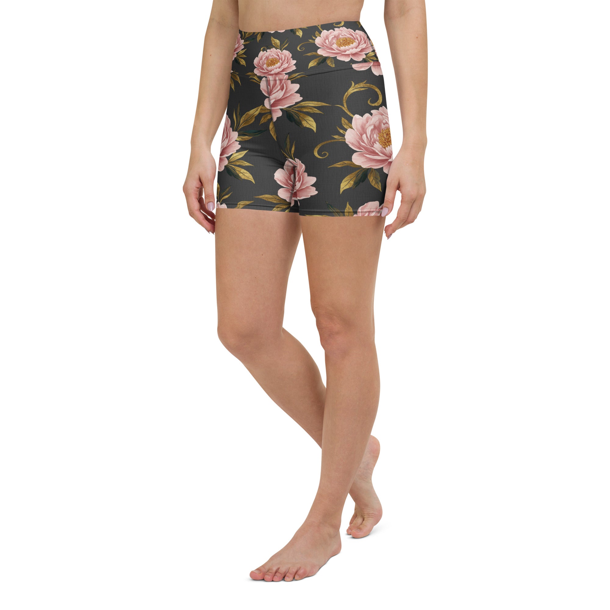 Blush Peonies and Gold Yoga Shorts | GearBunch