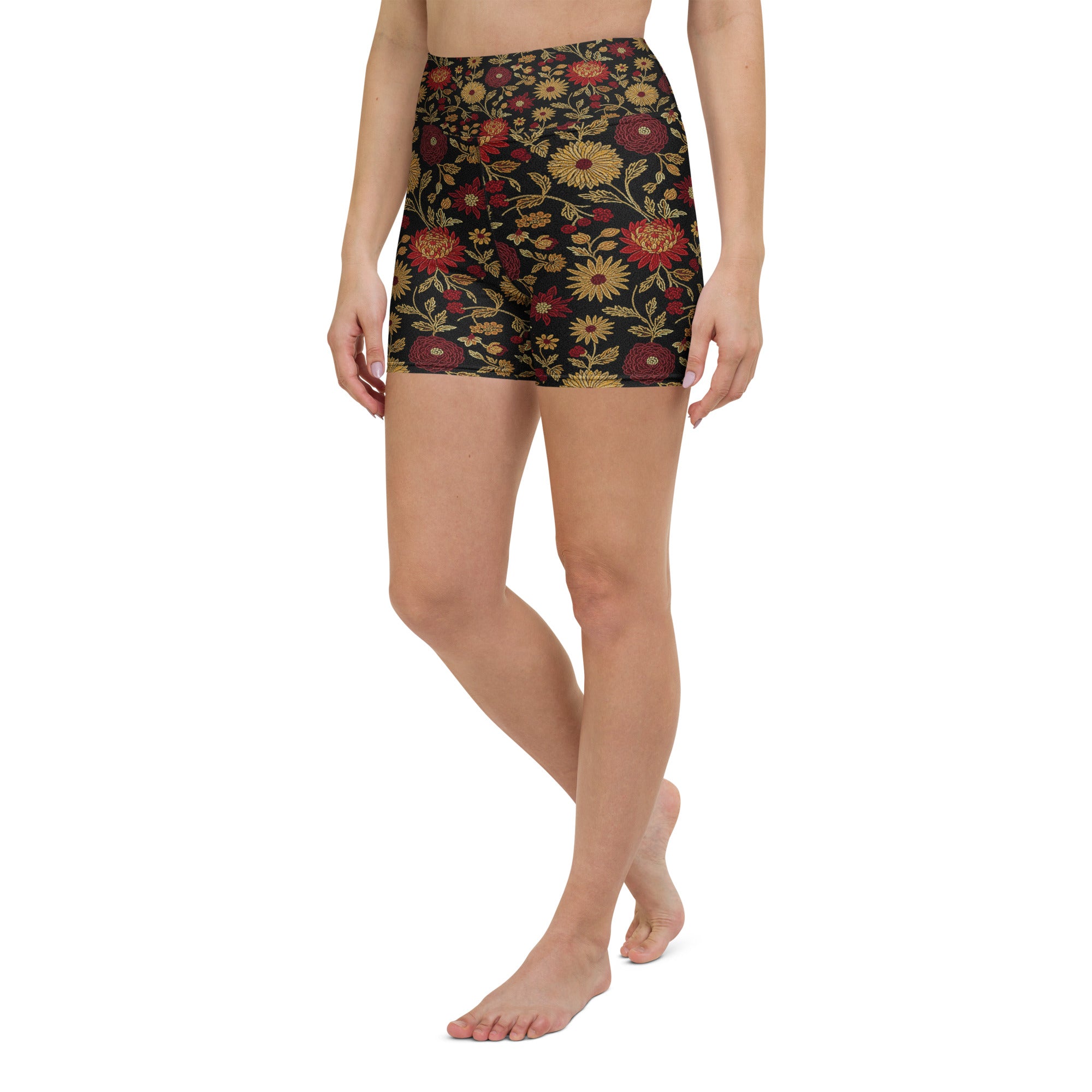 Gold Paillette Rose Garden Yoga Shorts | GearBunch