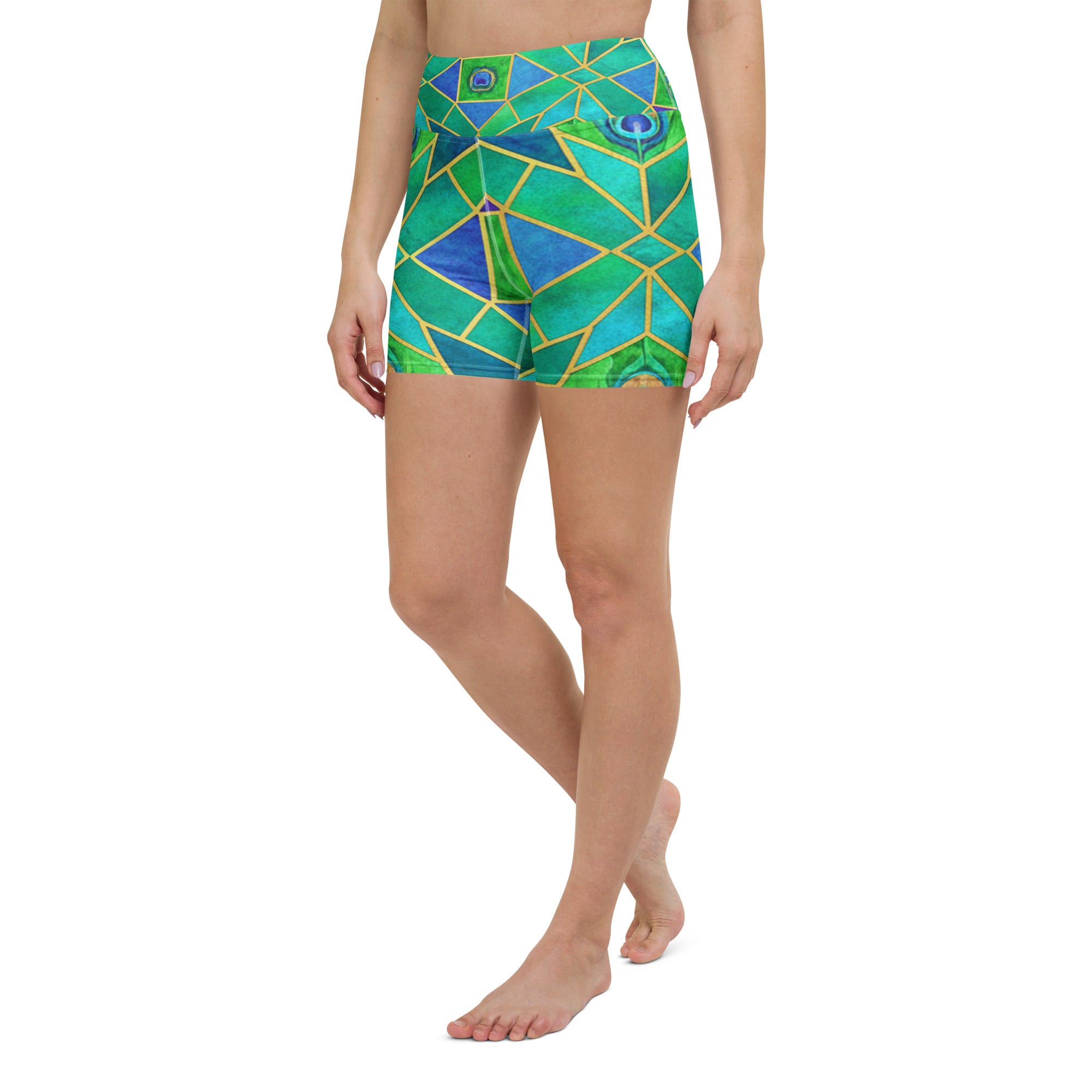 Arabic Watercolour Peacock Plume Yoga Shorts | GearBunch