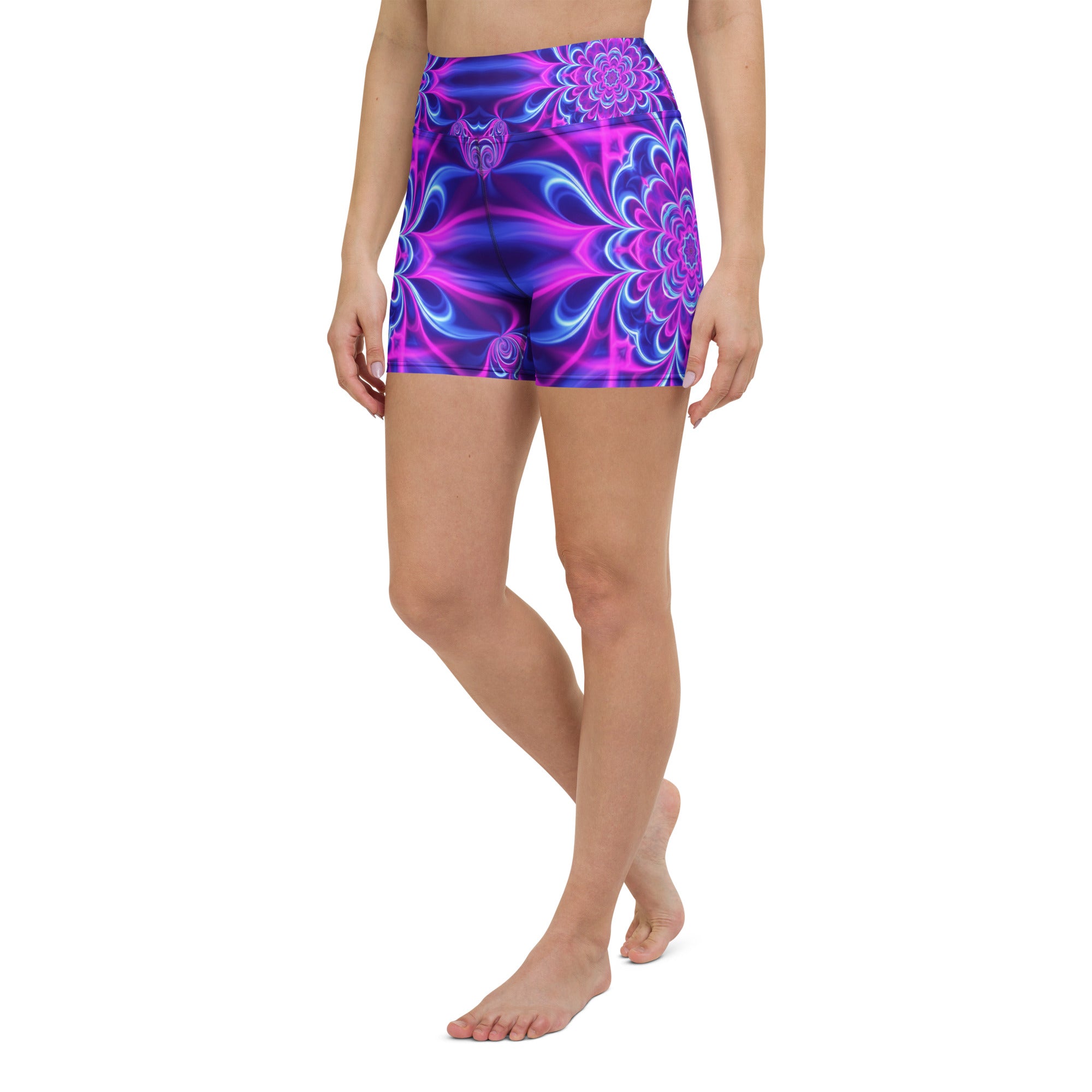 Psychedelic Ultraviolet Bloom Yoga Shorts | GearBunch