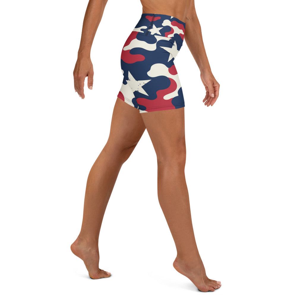 Red White Blue Camo Stars Yoga Shorts | GearBunch