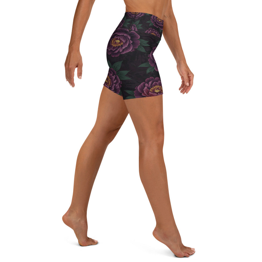 Dark Moody Peonies Yoga Shorts | GearBunch