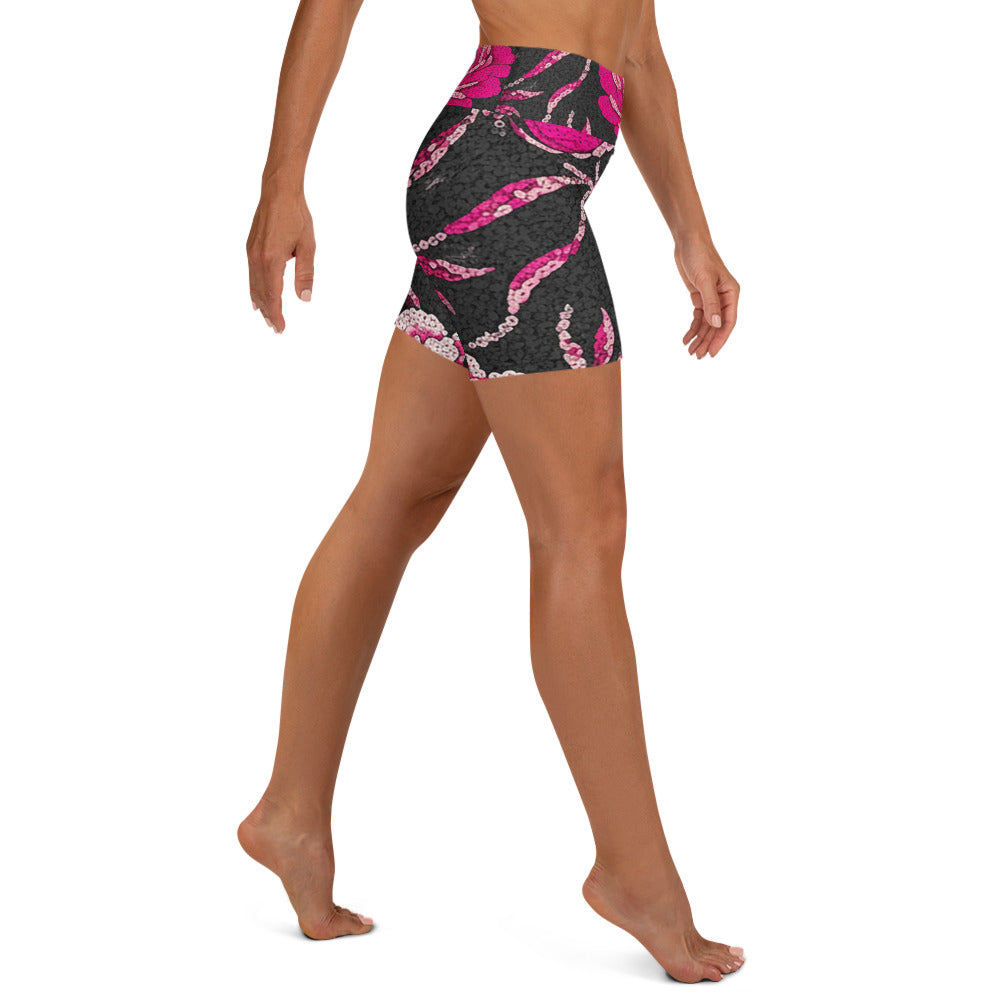 Pink Paillette Peony Yoga Shorts | GearBunch