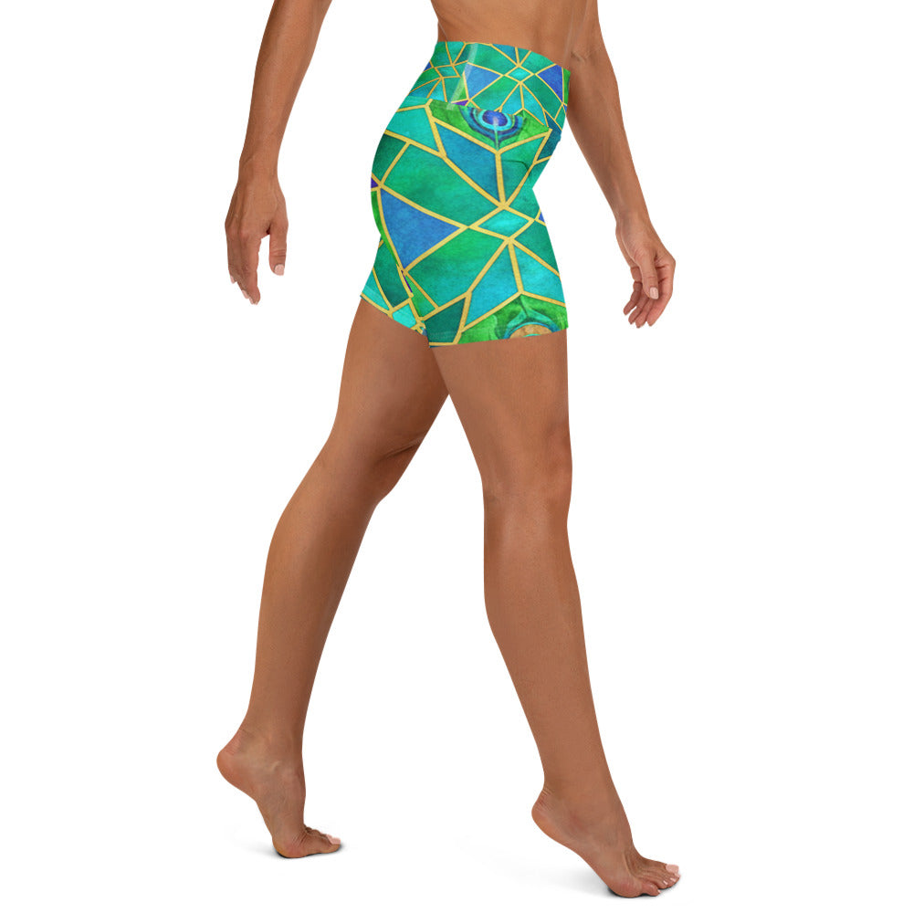 Arabic Watercolour Peacock Plume Yoga Shorts | GearBunch