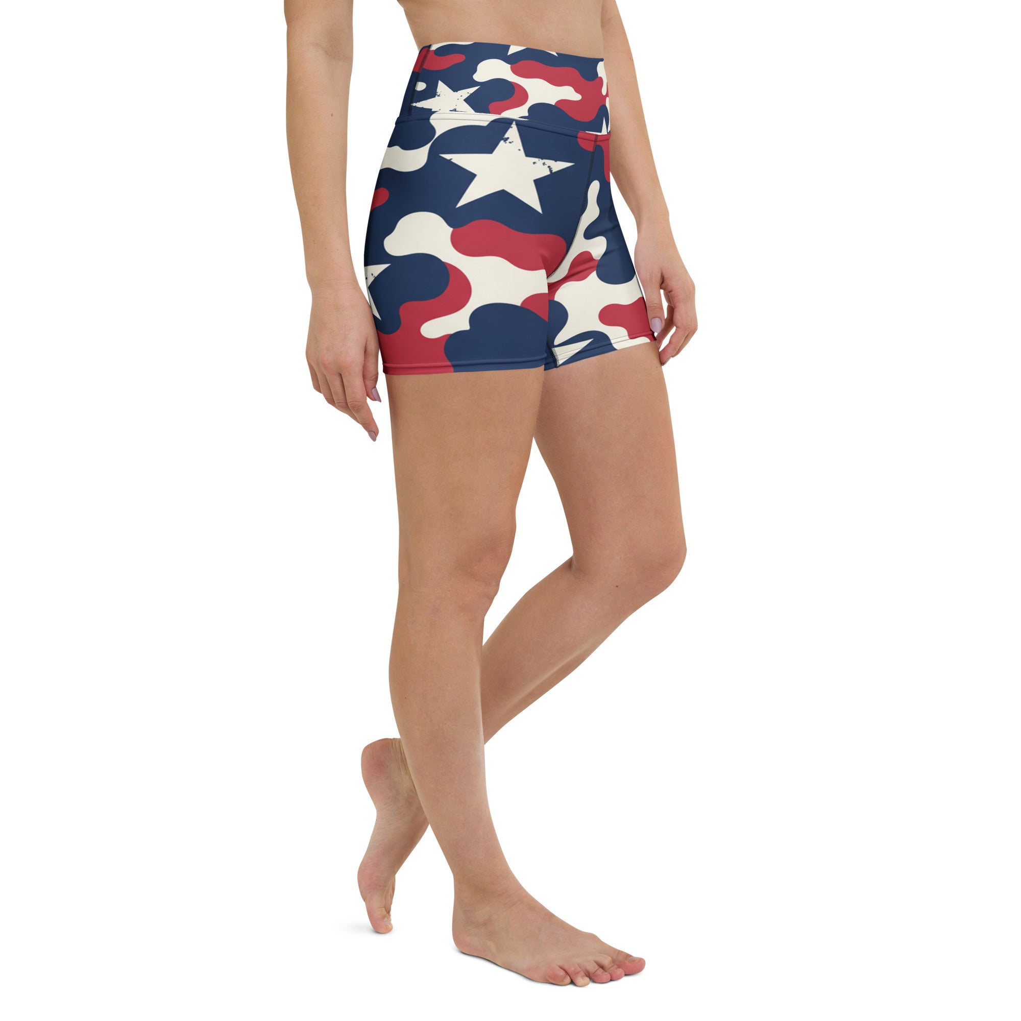 Red White Blue Camo Stars Yoga Shorts | GearBunch