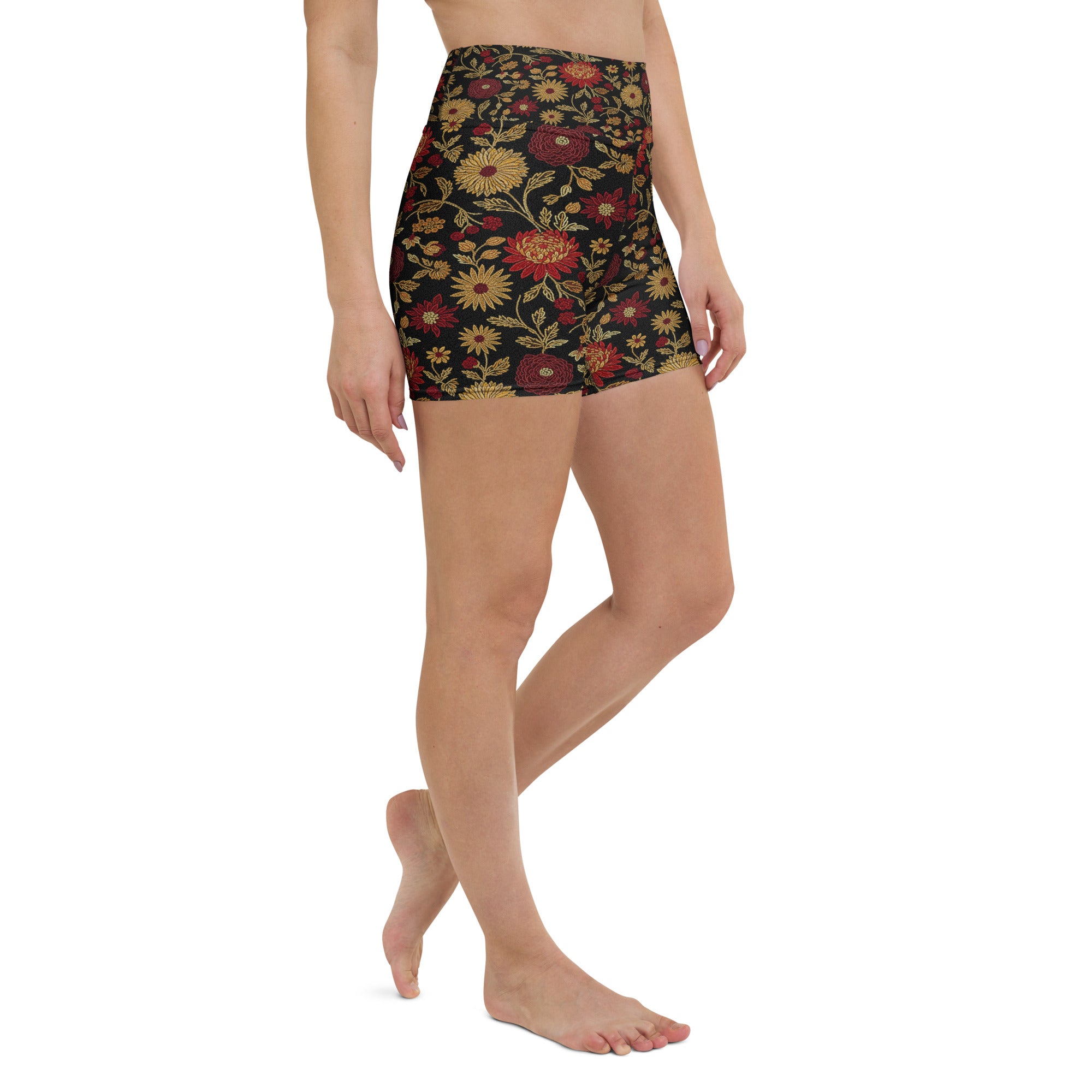 Gold Paillette Rose Garden Yoga Shorts | GearBunch