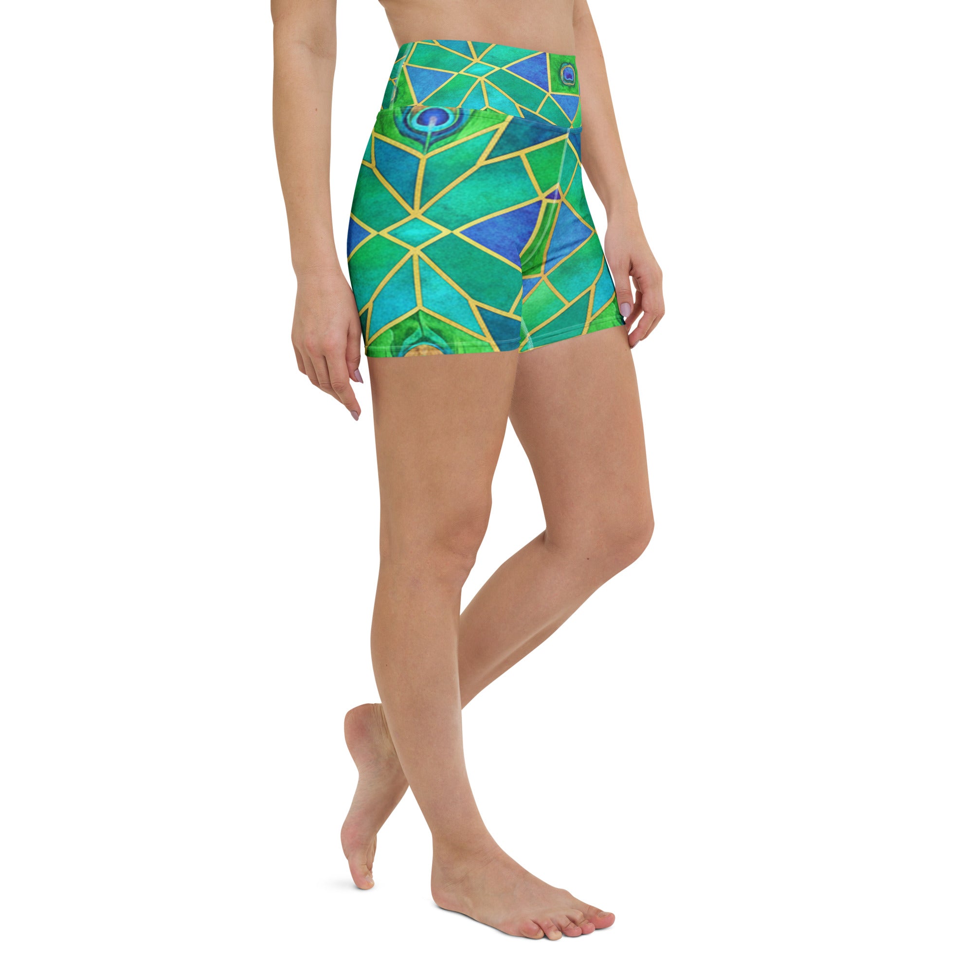 Arabic Watercolour Peacock Plume Yoga Shorts | GearBunch