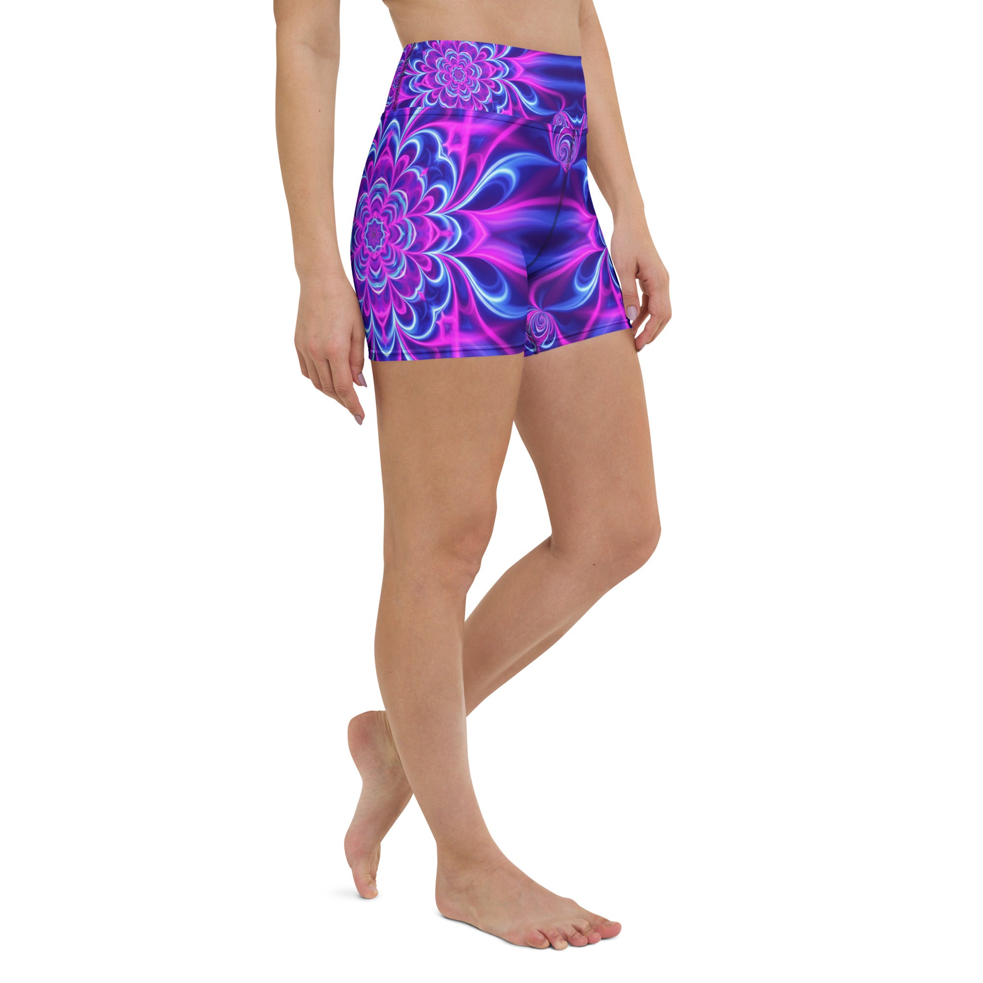Psychedelic Ultraviolet Bloom Yoga Shorts | GearBunch