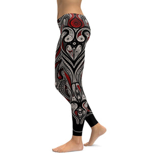 Womens Workout Yoga Ornament Pattern Leggings/Yoga pants White/Black/Red | Gearbunch.com