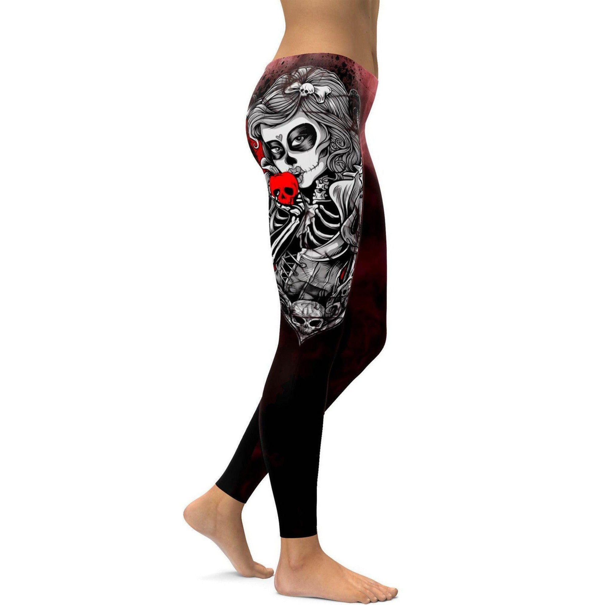 Womens Workout Yoga Skeleton Sugar Skull Leggings White/Black/Red | Gearbunch.com