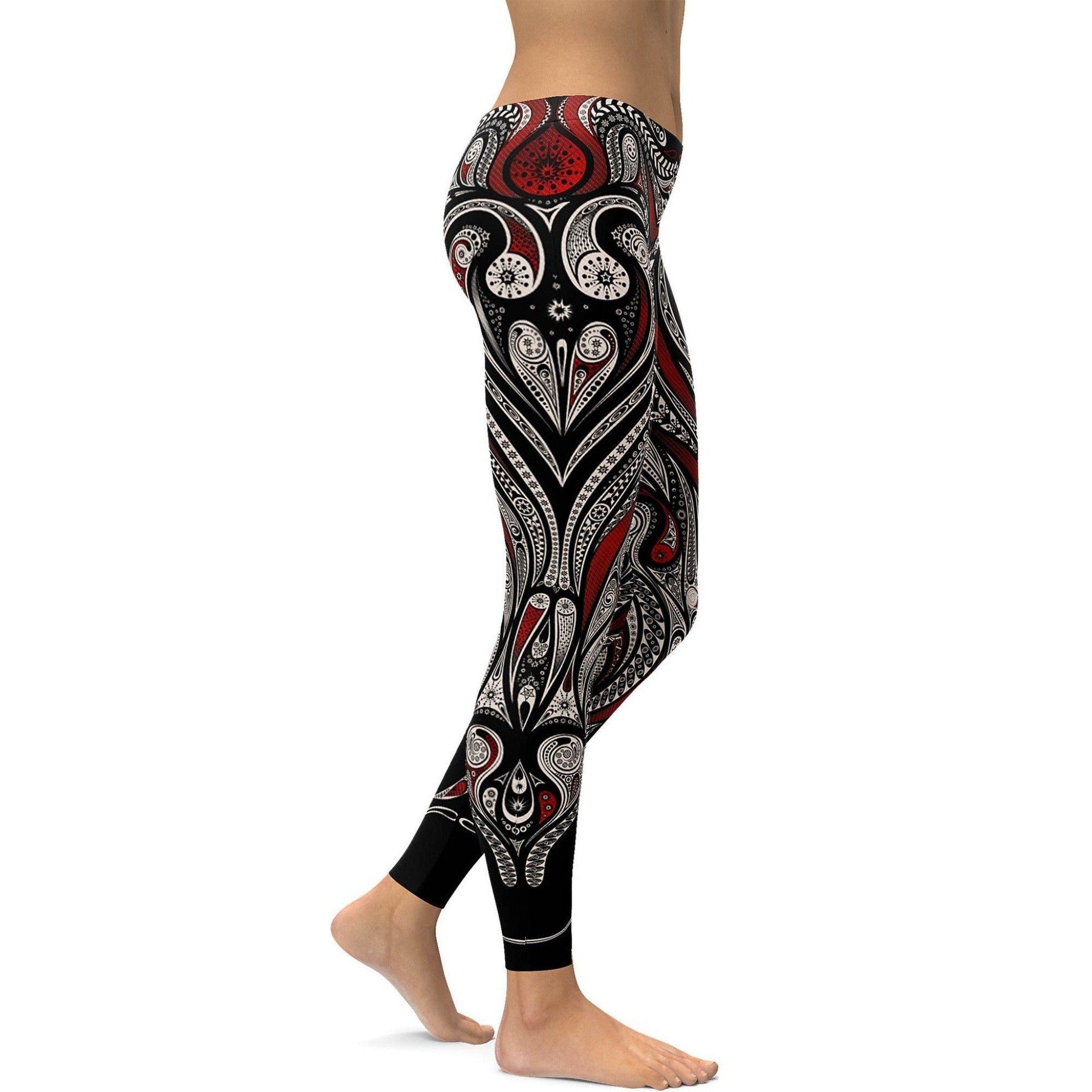 Womens Workout Yoga Ornament Pattern Leggings/Yoga pants White/Black/Red | Gearbunch.com