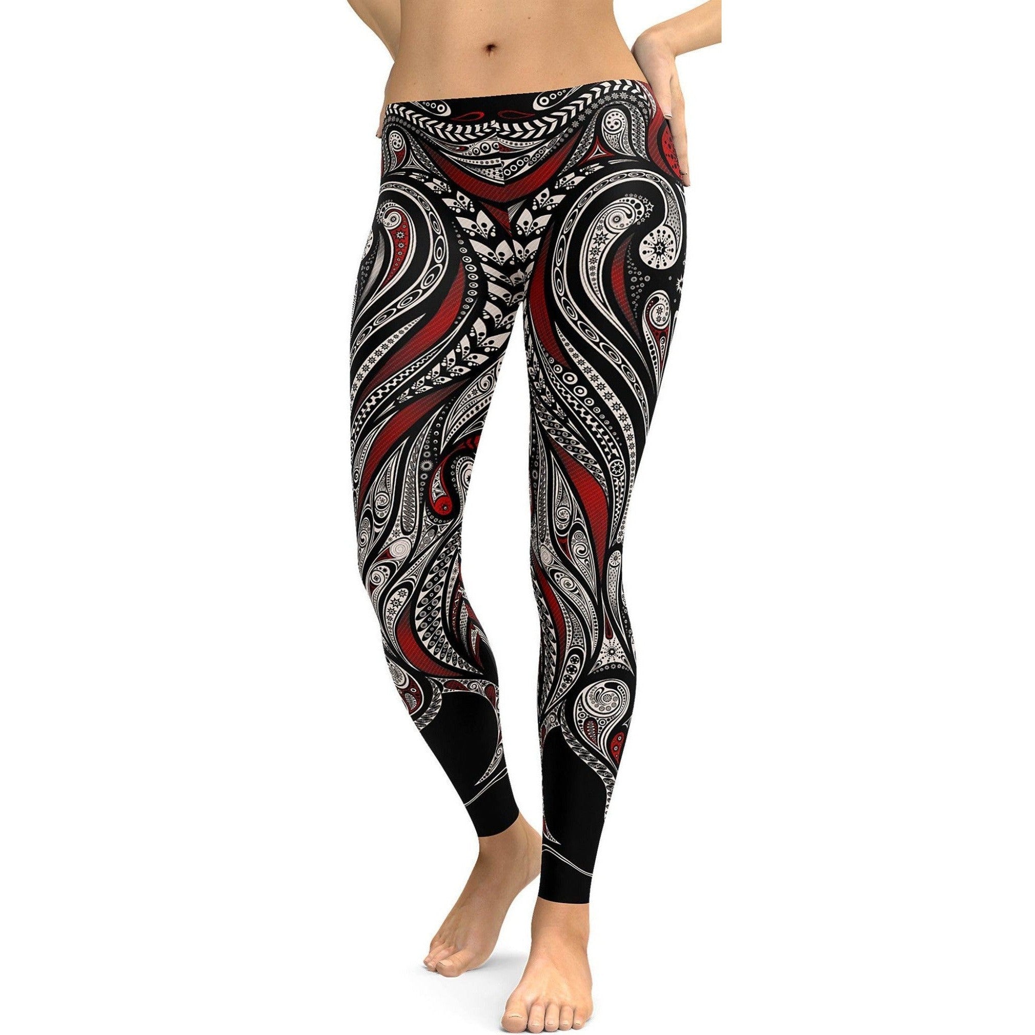 Womens Workout Yoga Ornament Pattern Leggings/Yoga pants White/Black/Red | Gearbunch.com