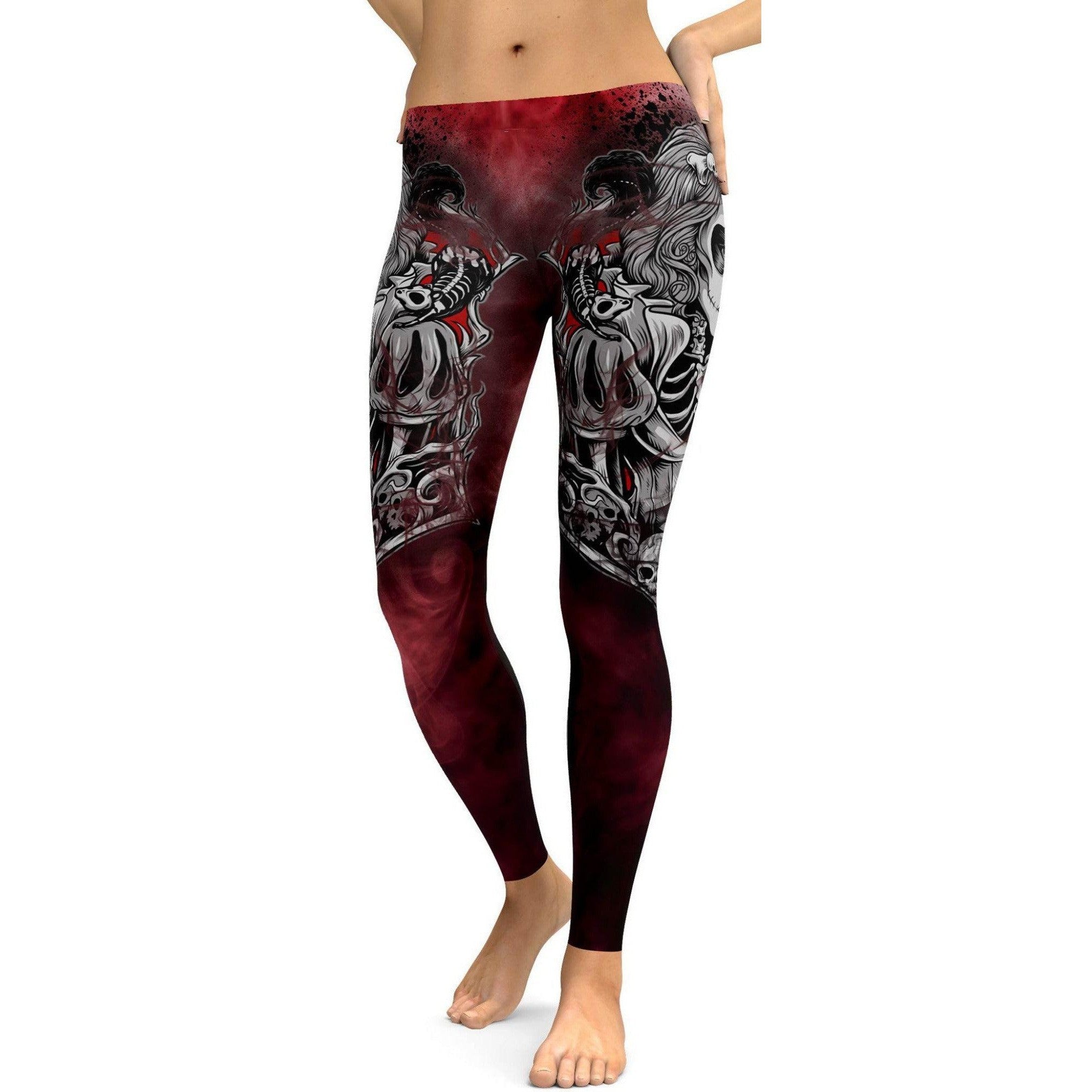 Womens Workout Yoga Skeleton Sugar Skull Leggings White/Black/Red | Gearbunch.com