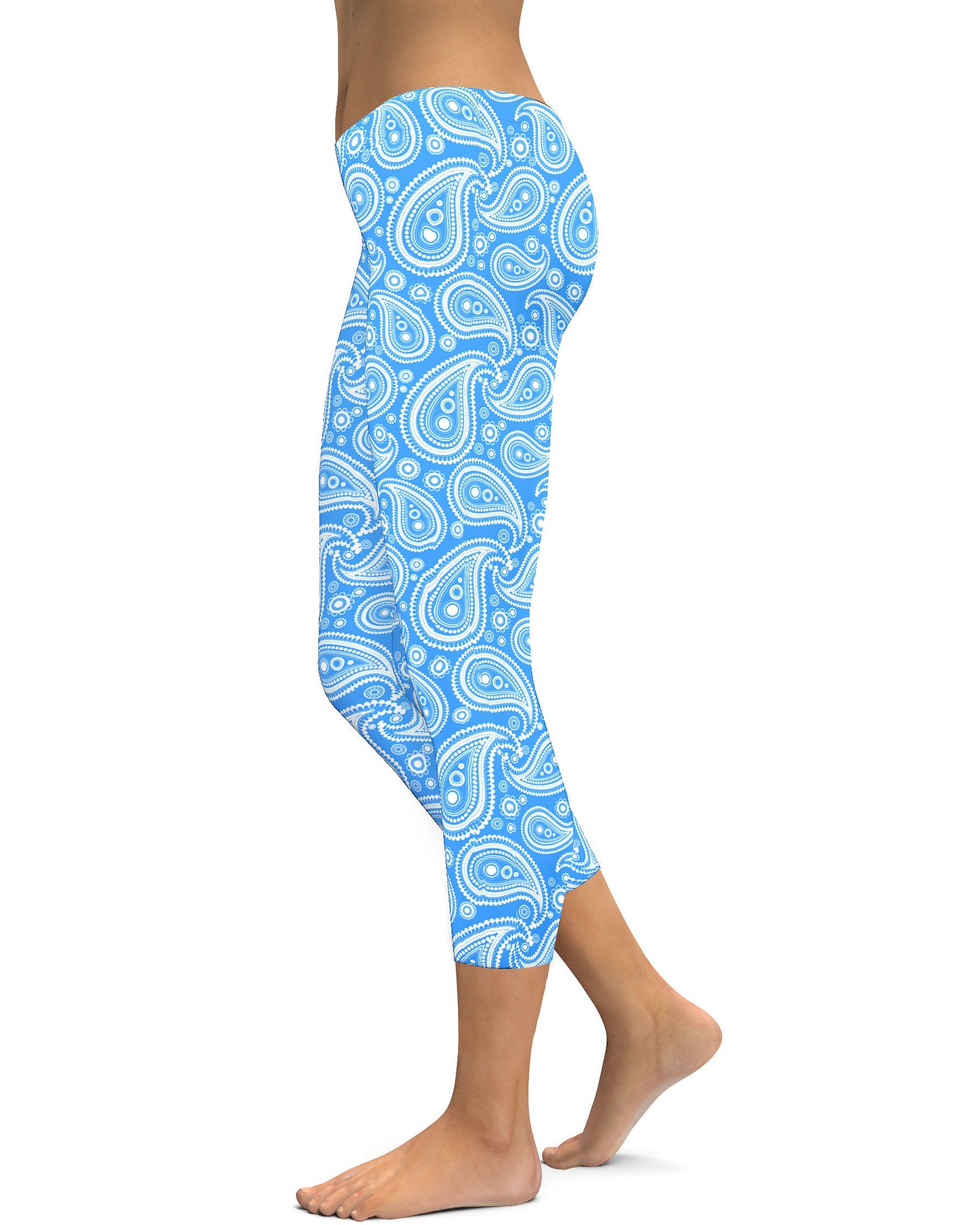 Womens Fashion Blue & White Paisley Capri Leggings | Gearbunch.com