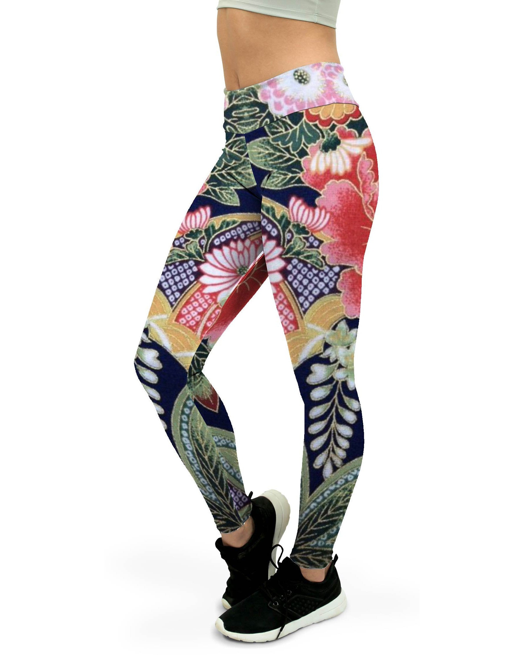 Women's oriental floral printed yoga pants front view