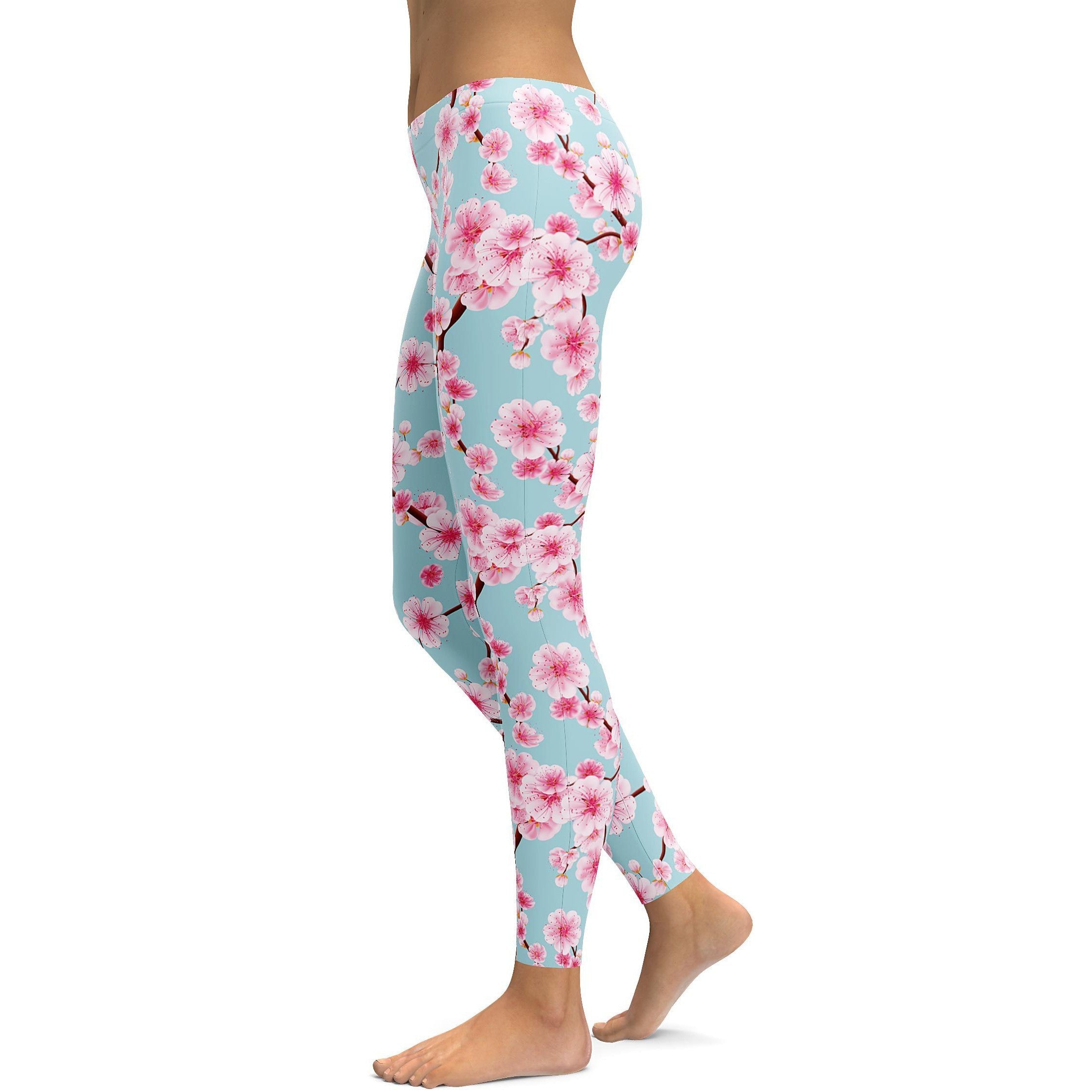 Womens Workout Yoga Japanese Cherry Blossom Leggings Blue/Pink/White | Gearbunch.com