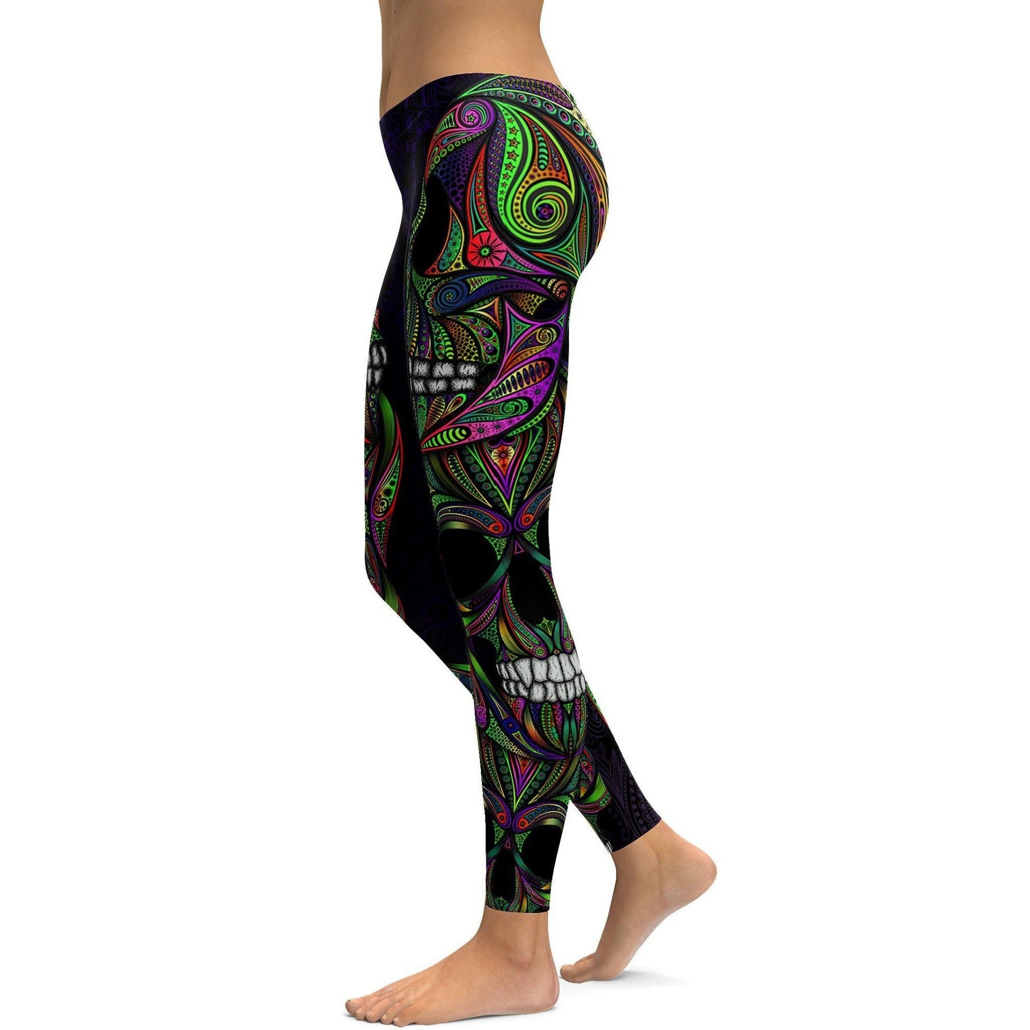 Colorful Green Ornament Skull Leggings - GearBunch Leggings / Yoga Pants