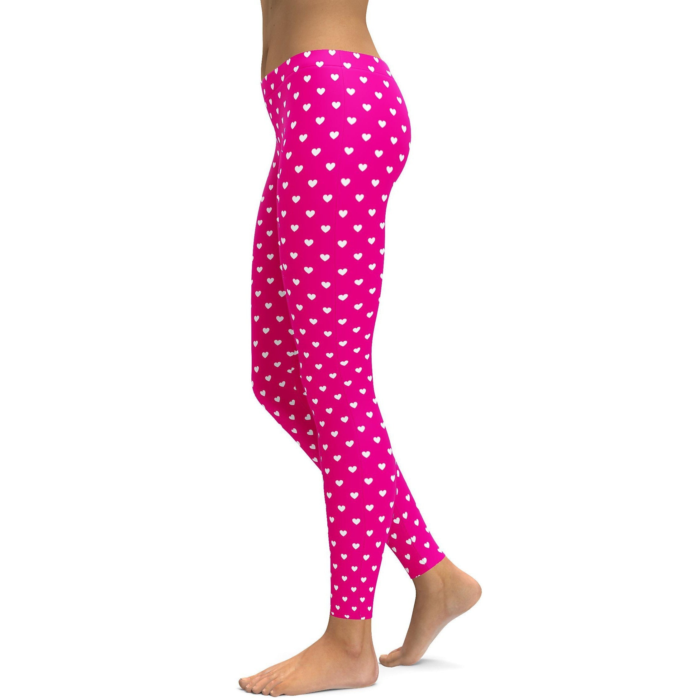 White Mini Hearts Pink Leggings - GearBunch Leggings / Yoga Pants