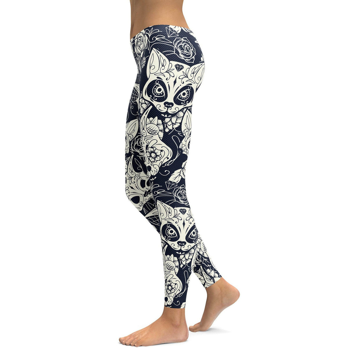 Womens Workout Yoga Sugar Skull Cats Leggings Grey/Blue