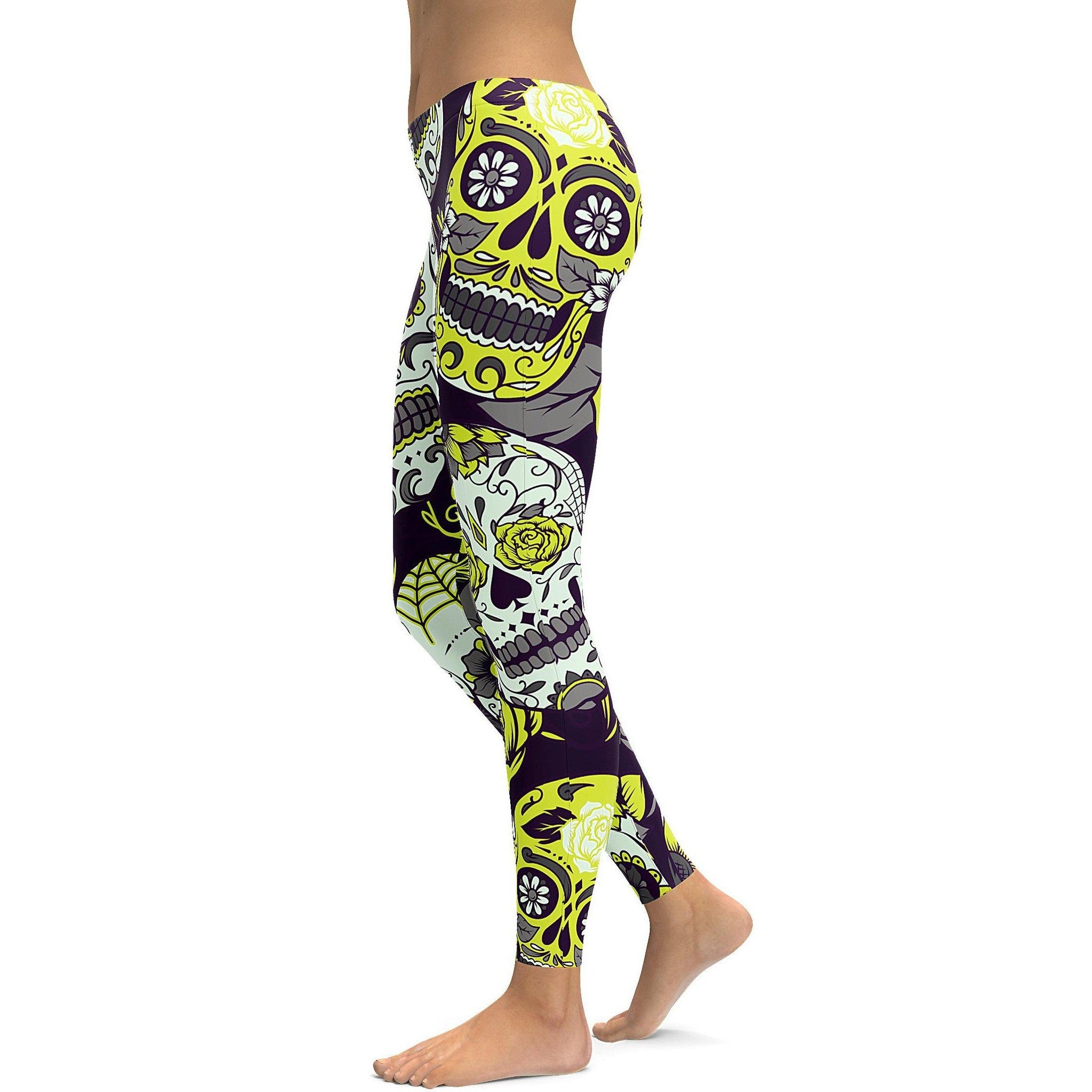 Sassy Yellow Sugar Skull Leggings - GearBunch Leggings / Yoga Pants