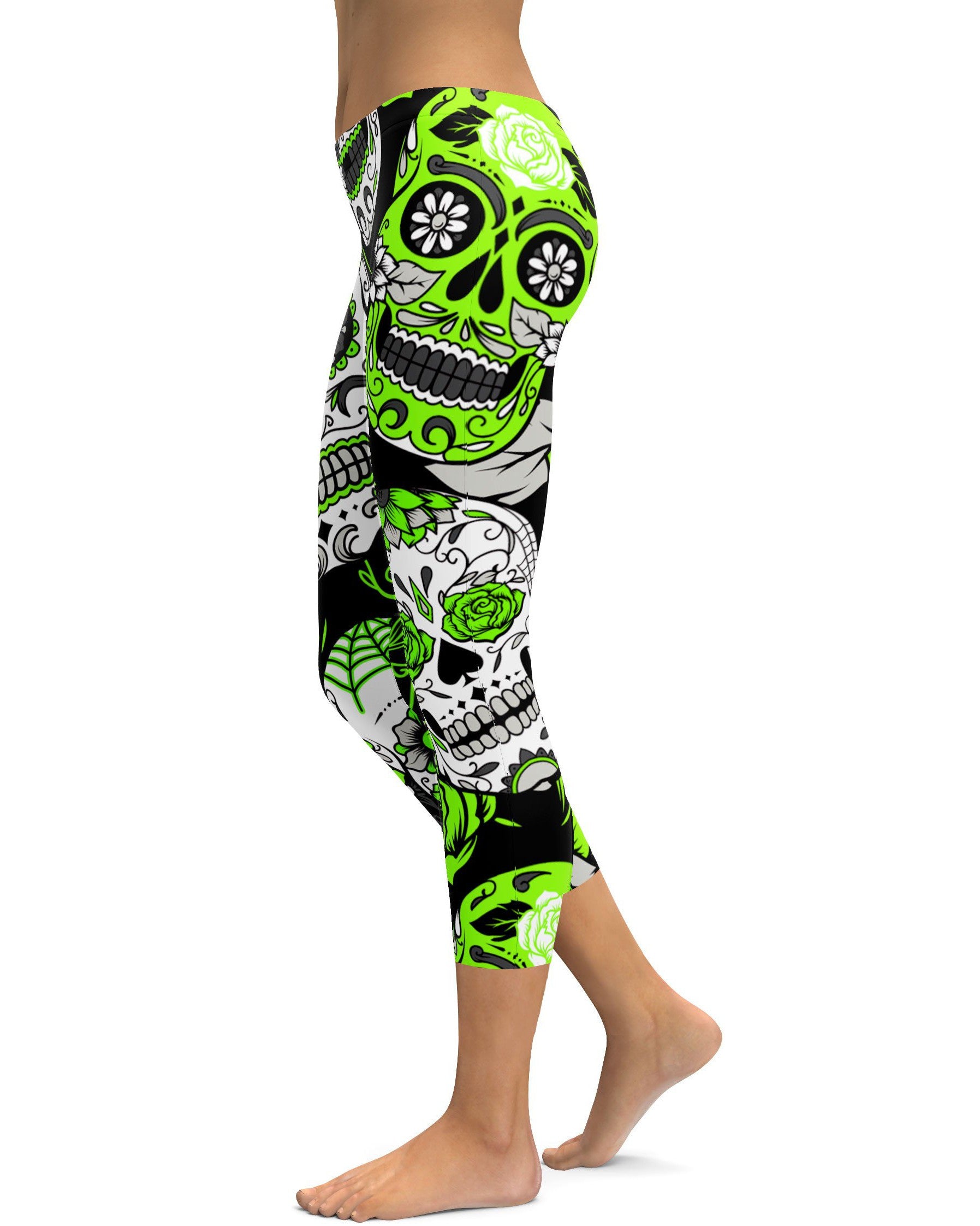 Lime Green Sugar Skull Capris - GearBunch Leggings / Yoga Pants