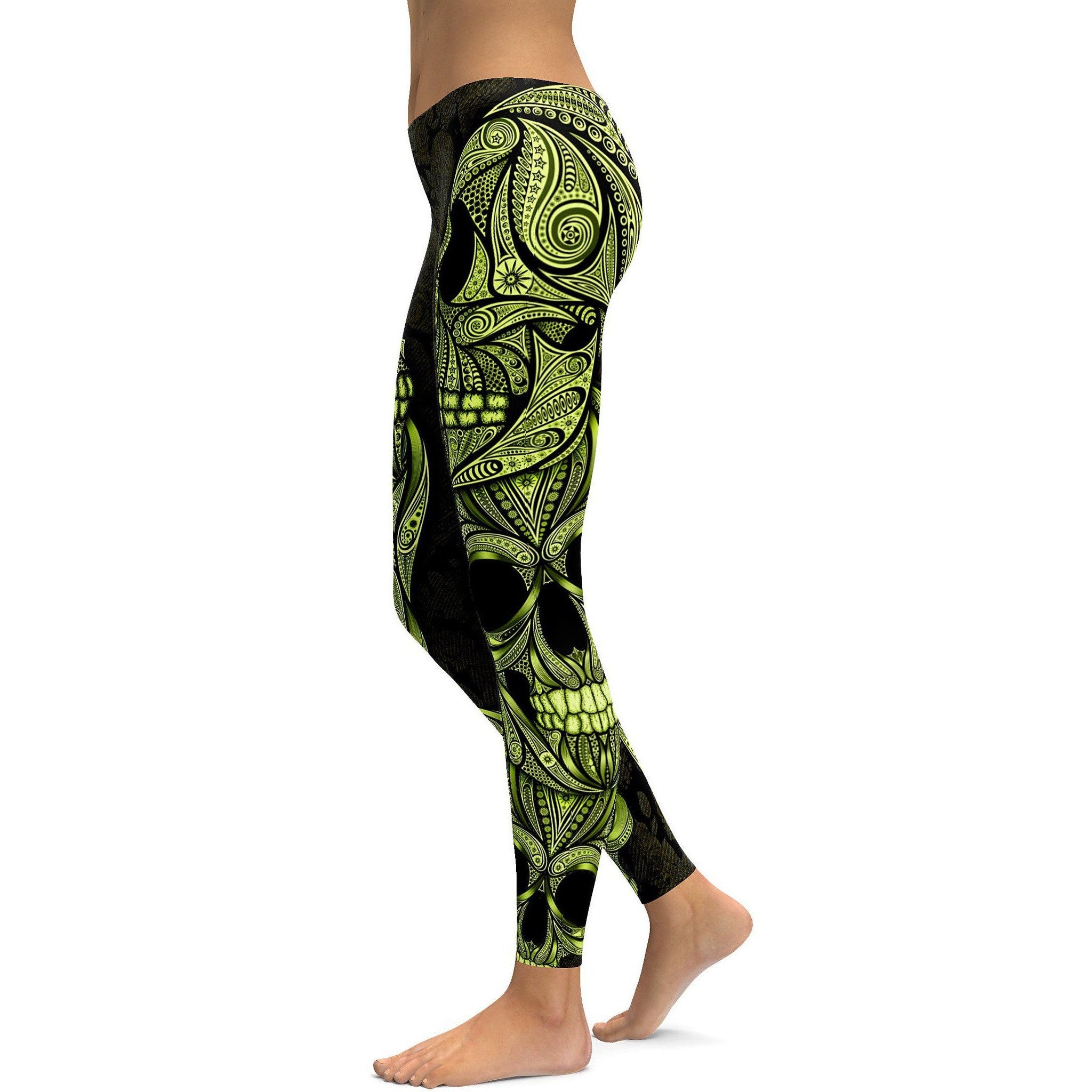 Yellow Ornamental Skull Leggings - GearBunch Leggings / Yoga Pants