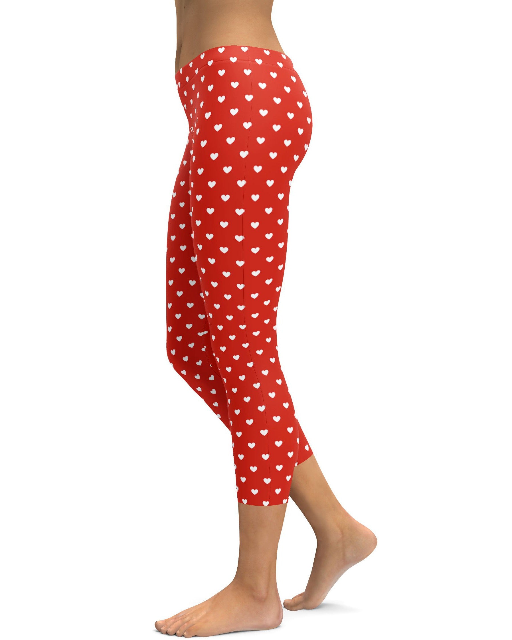 White Mini Hearts Red Capris - GearBunch Leggings / Yoga Pants