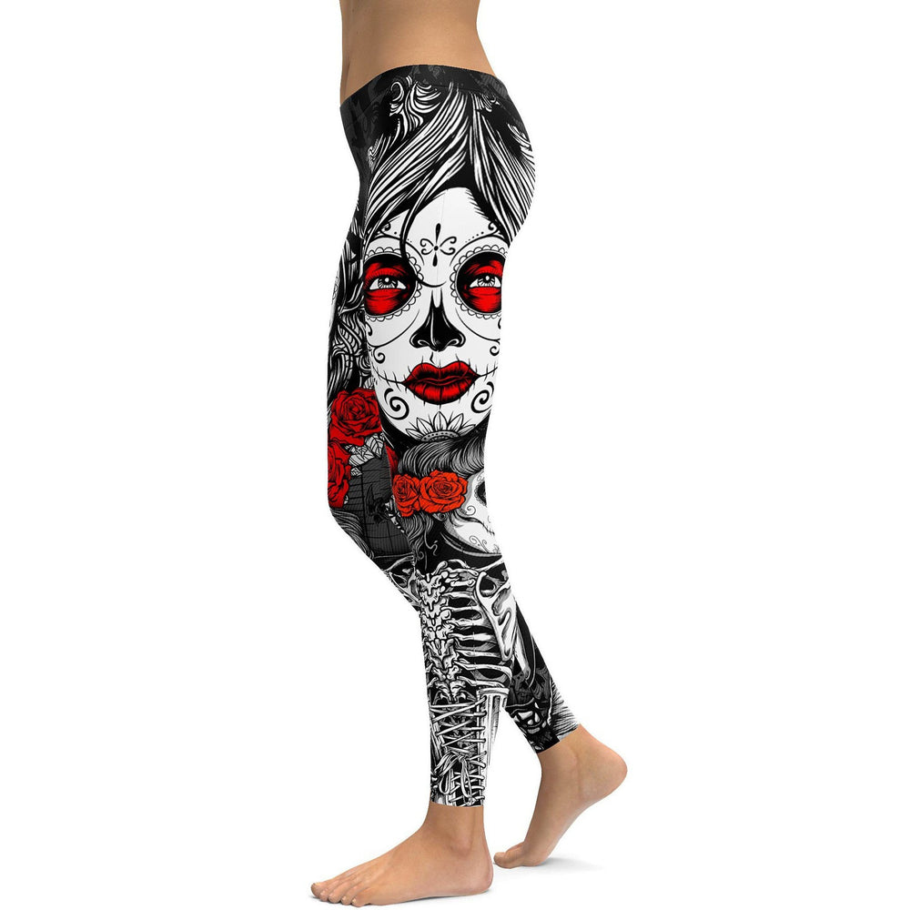 Rose Sugar Skull Skeleton Girly Floral Pattern Print Pattern Women Leggings