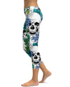 Womens Fashion Blue Floral Skulls Capris Leggings | Gearbunch.com